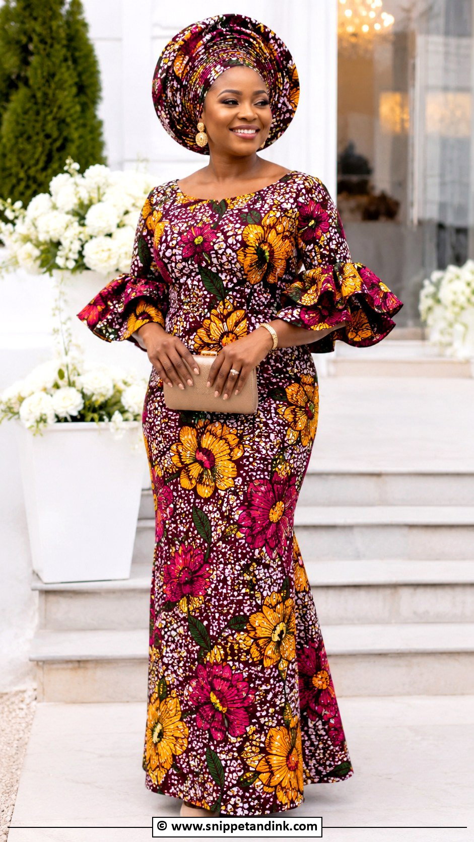 Flower Material Ankara Gown With Matching Headwrap - Snippet and Ink - 30 Flower Material Gown Styles