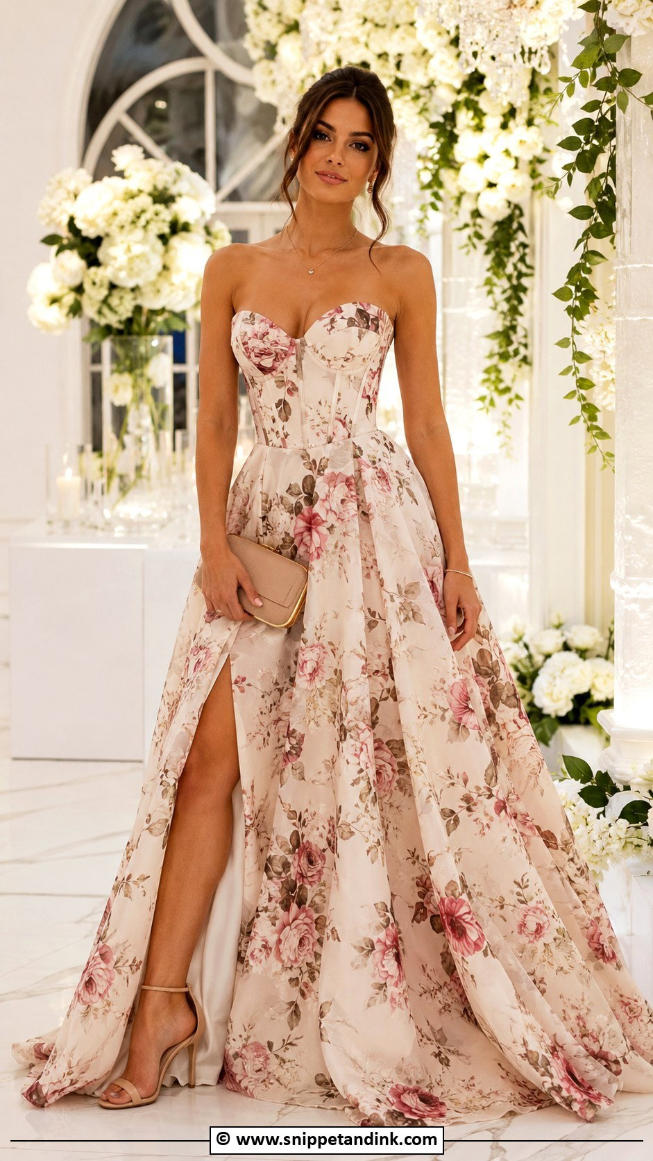 Flower Material Corset Gown With Elegant Heels - Snippet and Ink - 30 Flower Material Gown Styles
