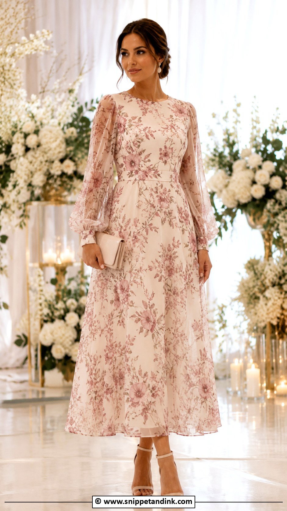 Flower Material Gown With Sheer Sleeves - Snippet and Ink - 30 Flower Material Gown Styles