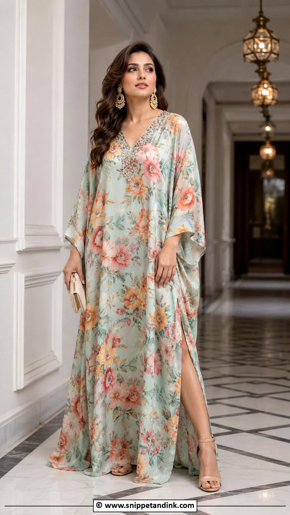 Flower Material Kaftan Gown With Statement Earrings - Snippet and Ink - 30 Flower Material Gown Styles