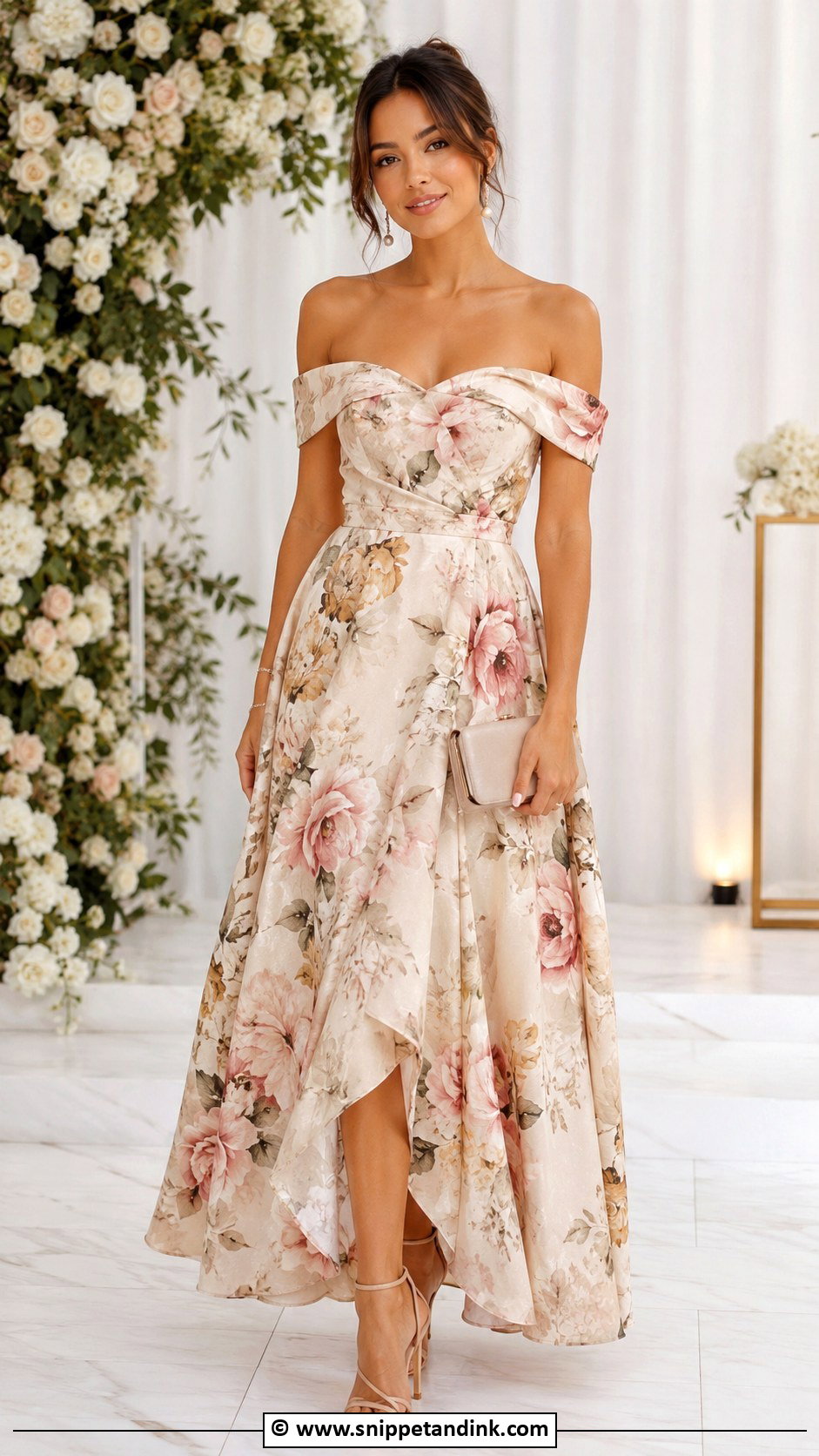 Flower Material Off Shoulder Gown With Strappy Heels - Snippet and Ink - 30 Flower Material Gown Styles