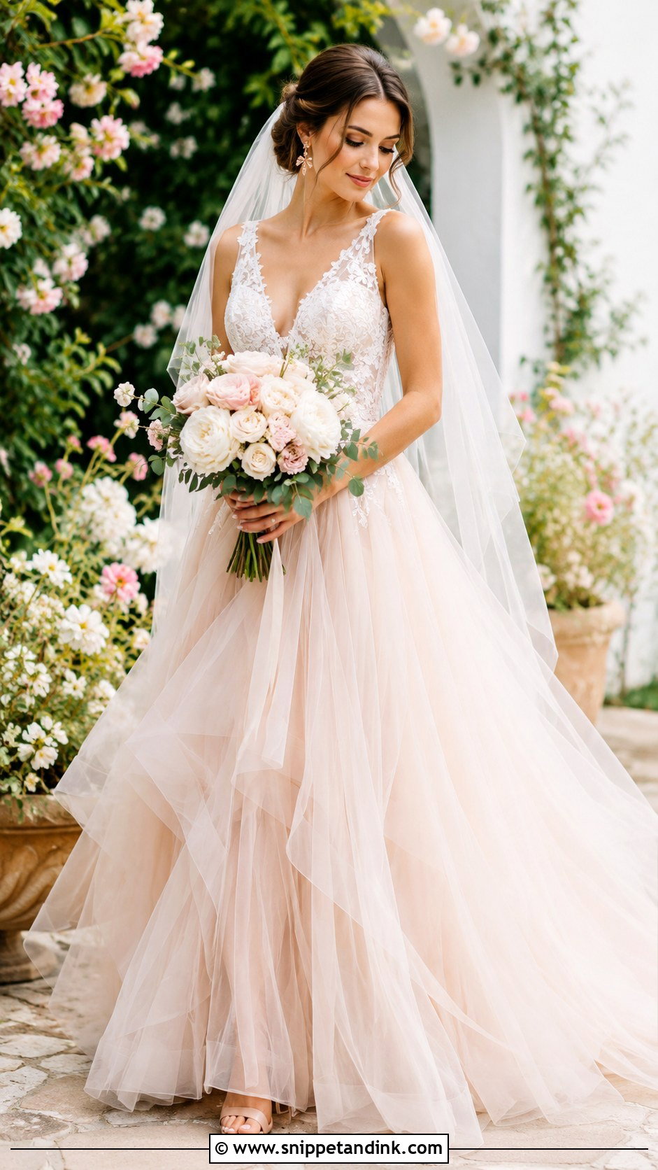 Flowing Blush Tulle Wedding Dress - Snippet and Ink - 20 Flowing Wedding Dress Ideas