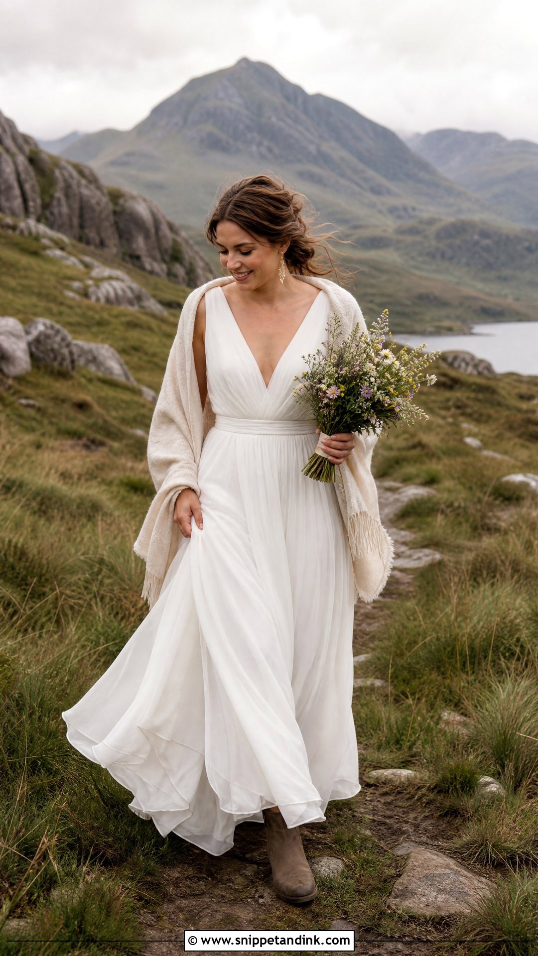 Flowing Chiffon Highland Elopement Dress - Snippet and Ink - 20 Scotland Wedding Dress Ideas