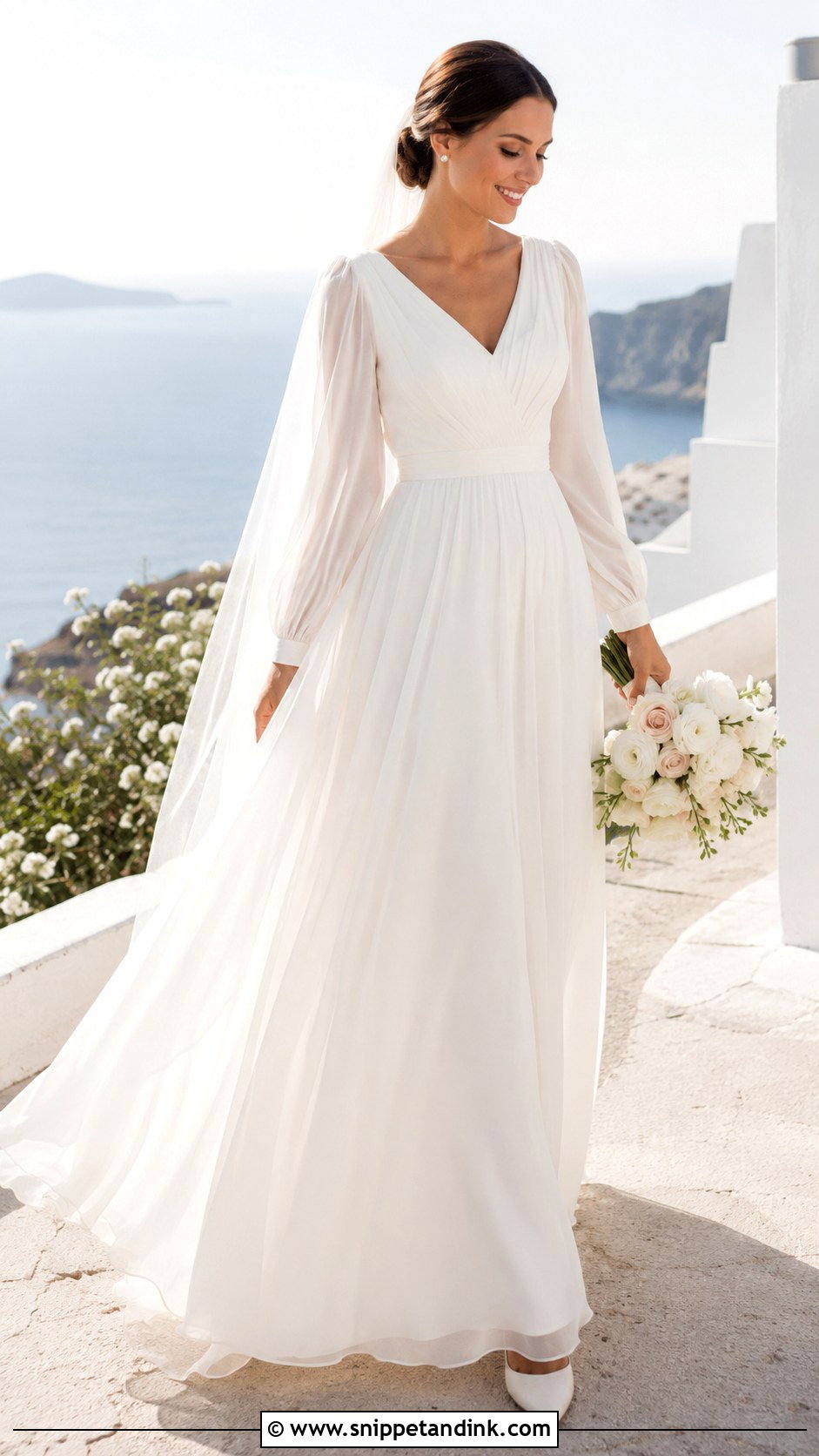 Flowing Long Sleeve Chiffon Wedding Dress - Snippet and Ink - 20 Flowing Wedding Dress Ideas