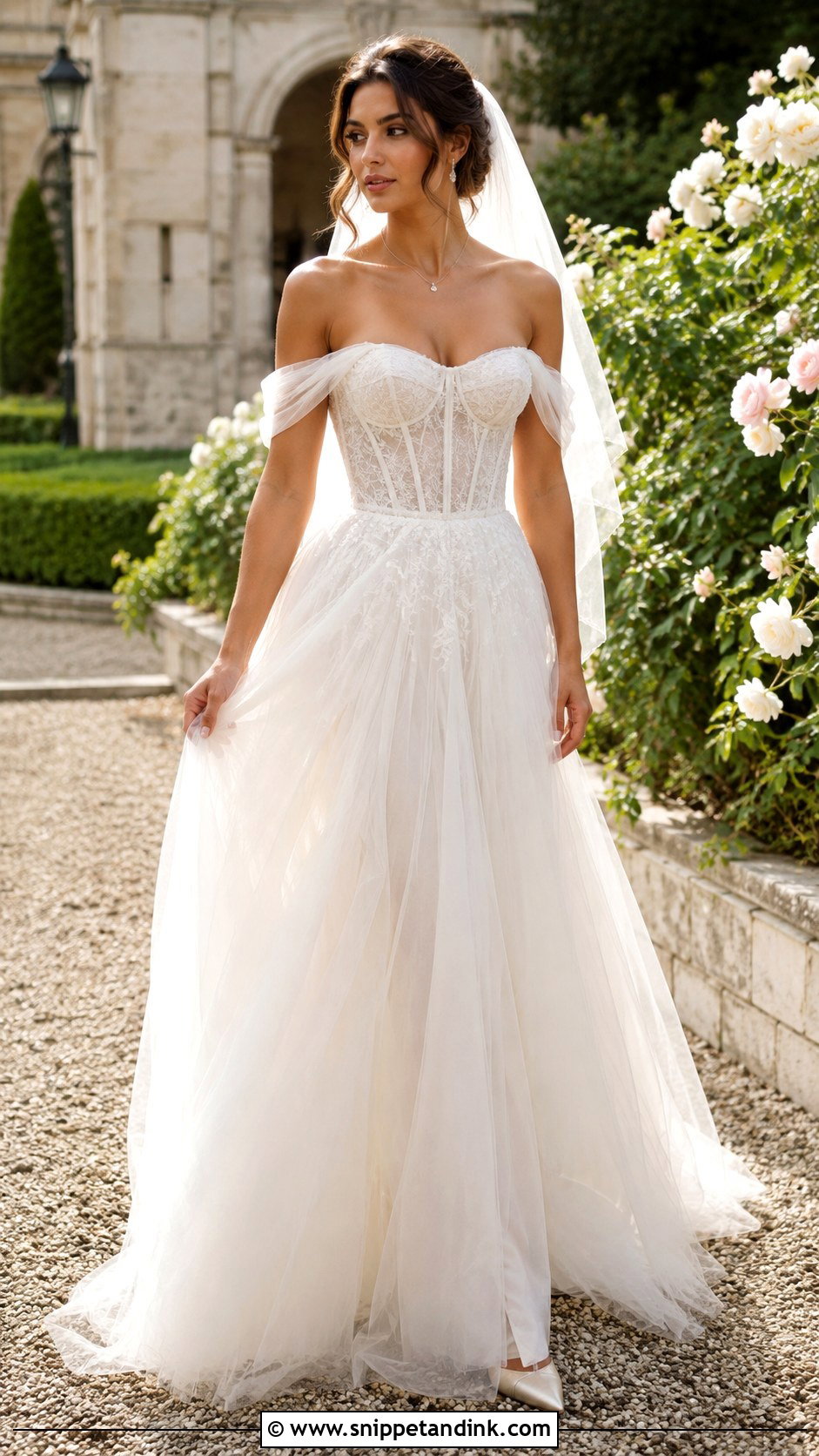 Flowing Off the Shoulder Tulle Wedding Dress - Snippet and Ink - 20 Flowing Wedding Dress Ideas