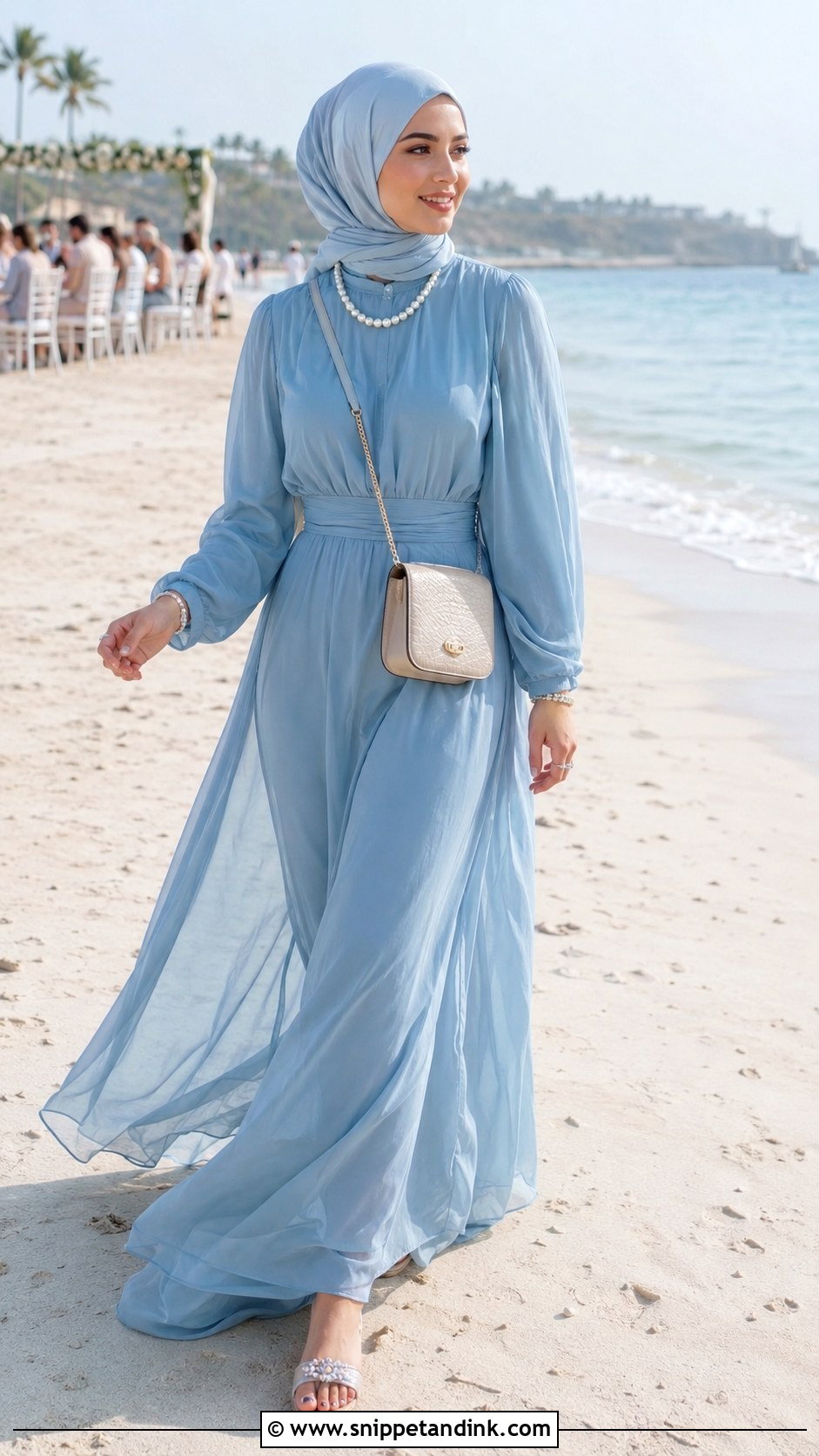 Flowy Dress And Lightweight Hijab Beach Wedding Outfit - Snippet and Ink - 20 Hijab Outfit Wedding Ideas