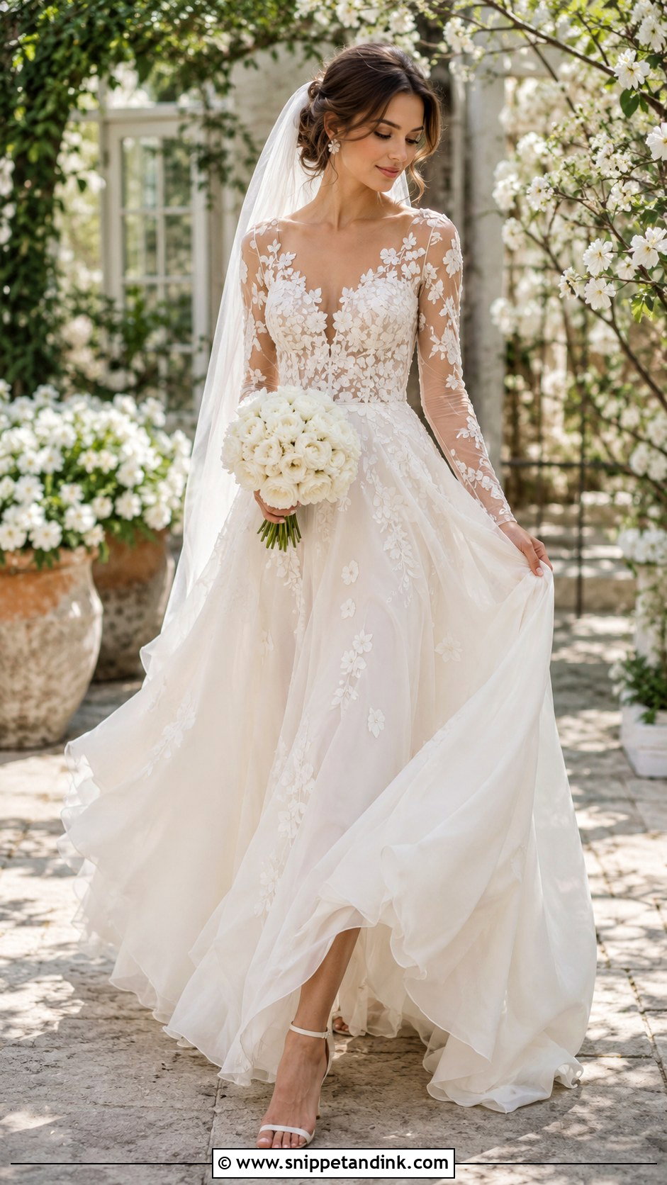 Flowy Floral Applique Wedding Dress With Sheer Sleeves - Snippet and Ink - 20 Flowy Wedding Dress with Sleeves