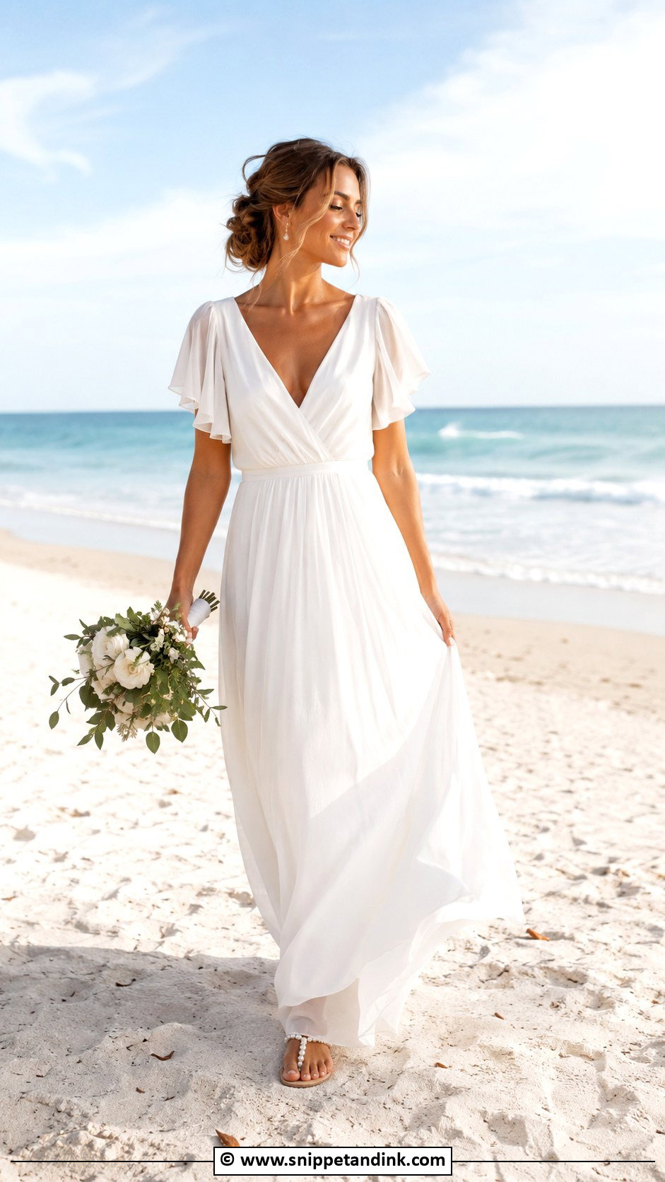 Flutter Sleeve Beach Bridal Dress With Flat Pearl Sandals - Snippet and Ink - 30 Beach Bridal Dresses