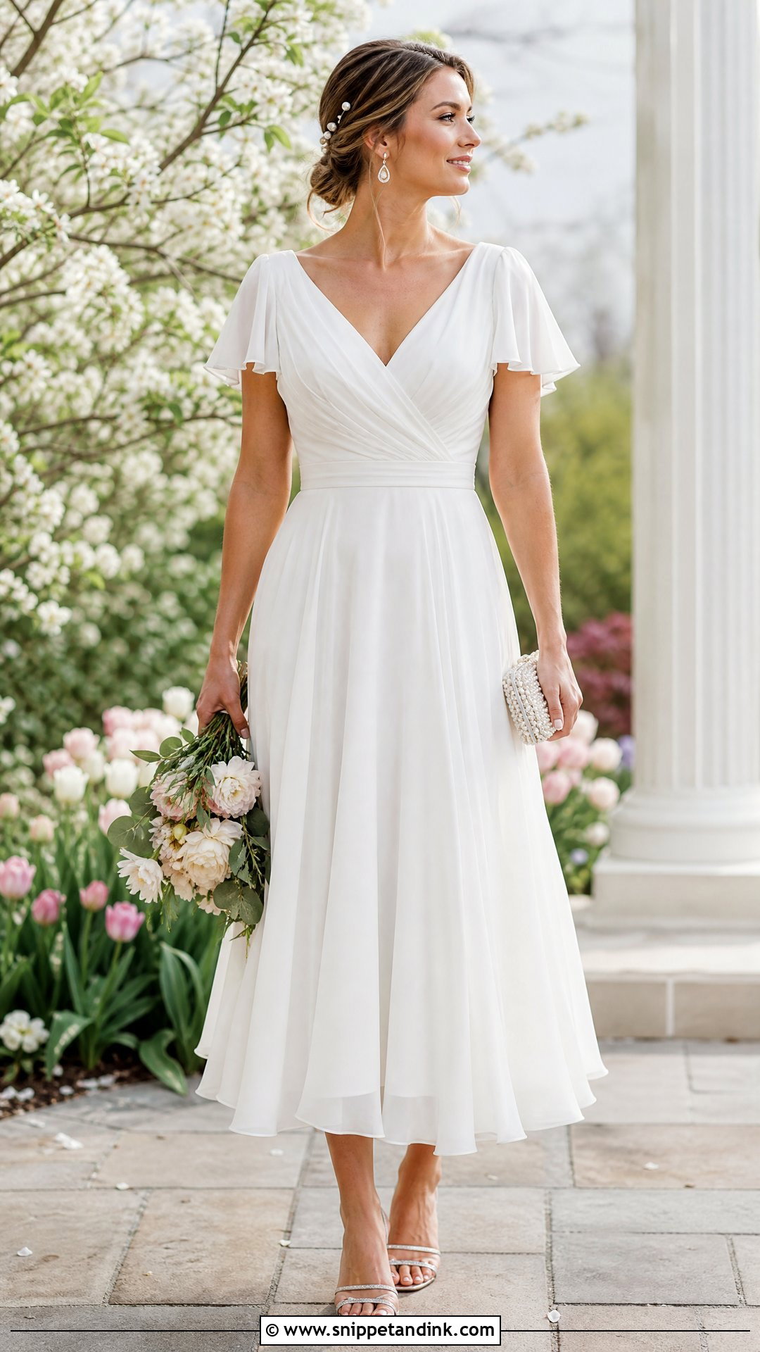 Flutter Sleeve Chiffon Tea Length Wedding Dress - Snippet and Ink - 20 Tea Length Wedding Dress with Sleeves