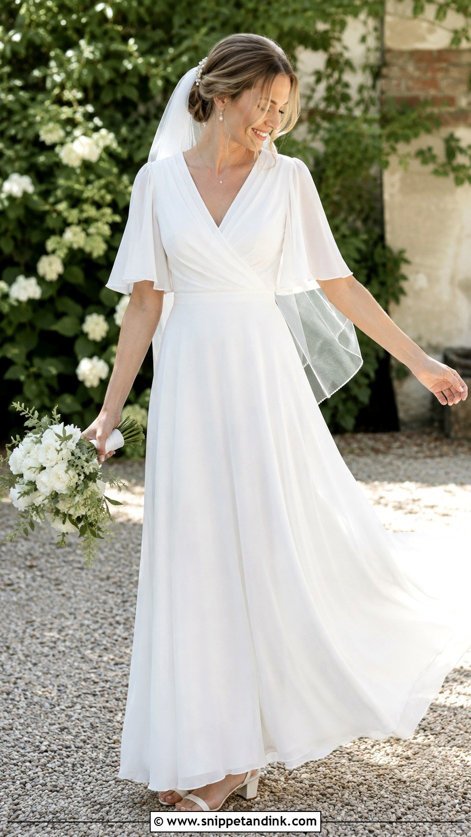 Flutter Sleeve Chiffon Wedding Dress - Snippet and Ink - 20 Modest White Wedding Dress Ideas