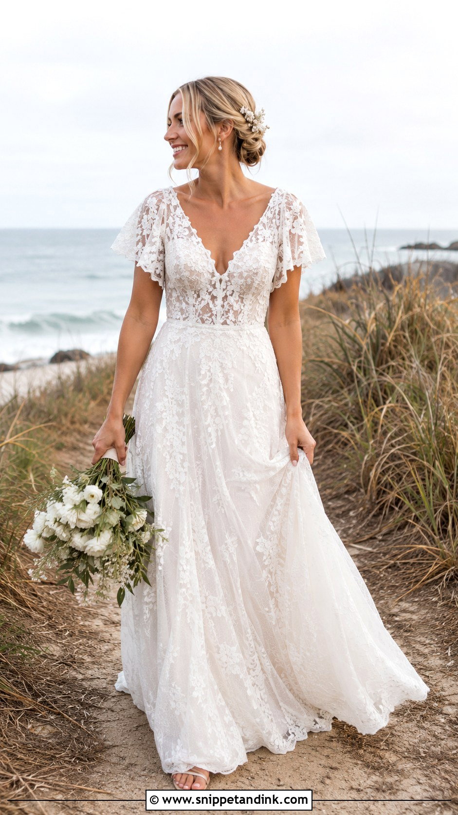 Flutter Sleeve Lace Beach Wedding Dress - Snippet and Ink - 20 Lace Beach Wedding Dress Ideas
