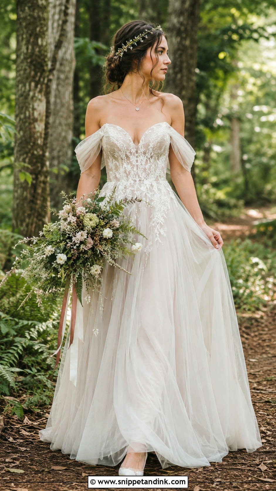Forest Fairy Off Shoulder Wedding Dress - Snippet and Ink - 25 Forest Fairy Wedding Dress Ideas