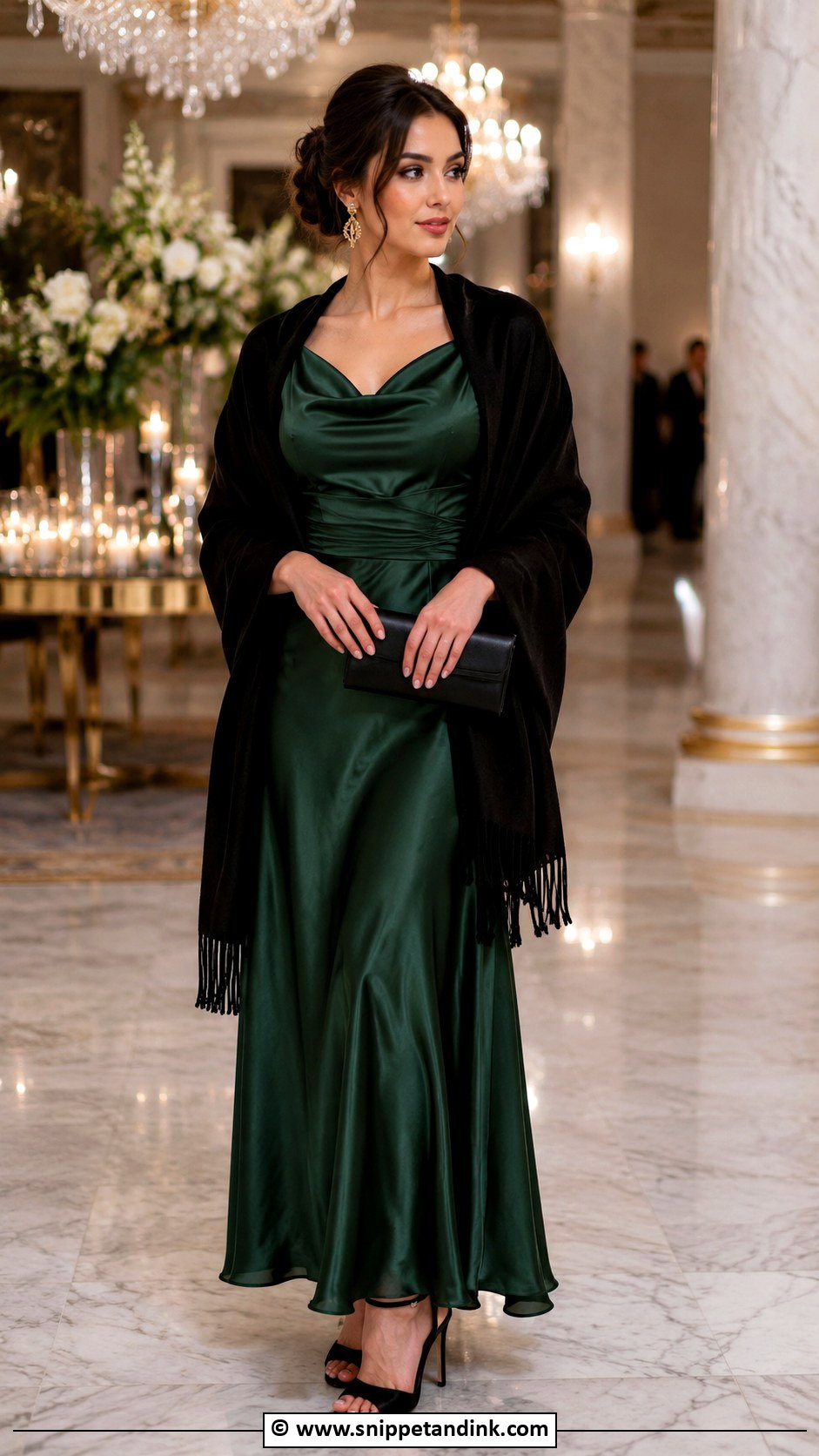 Forest Green Maxi Dress With Black Shawl - Snippet and Ink - 35 Winter Wedding Dress Ideas