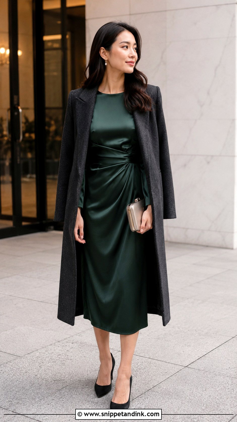 Forest Green Satin Midi Dress With Closed Toe Pumps - Snippet and Ink - 20 Casual Winter Wedding Dress Ideas