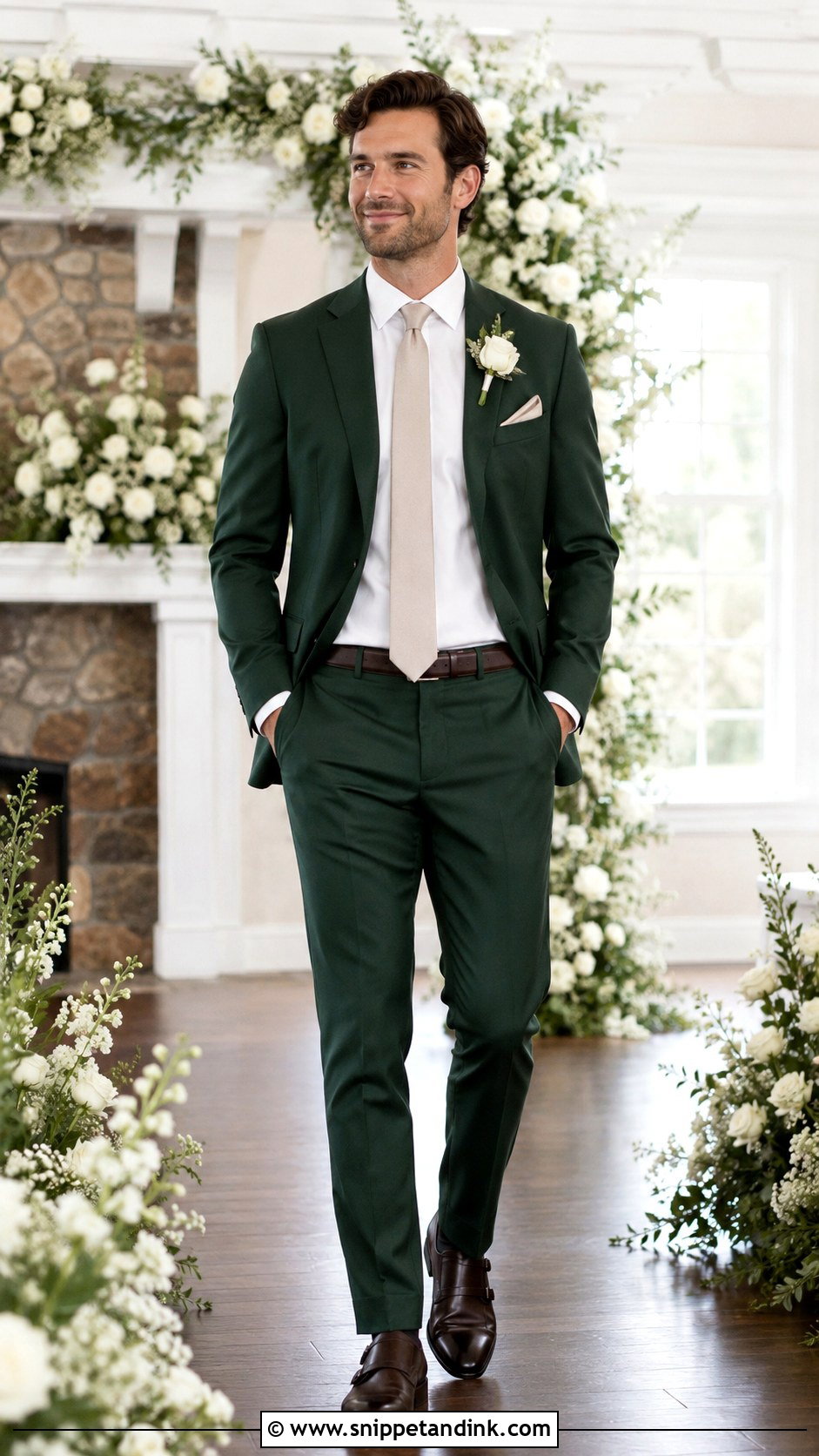 Forest Green Suit With Champagne Tie - Snippet and Ink - 20 Green Suit Wedding Party Ideas