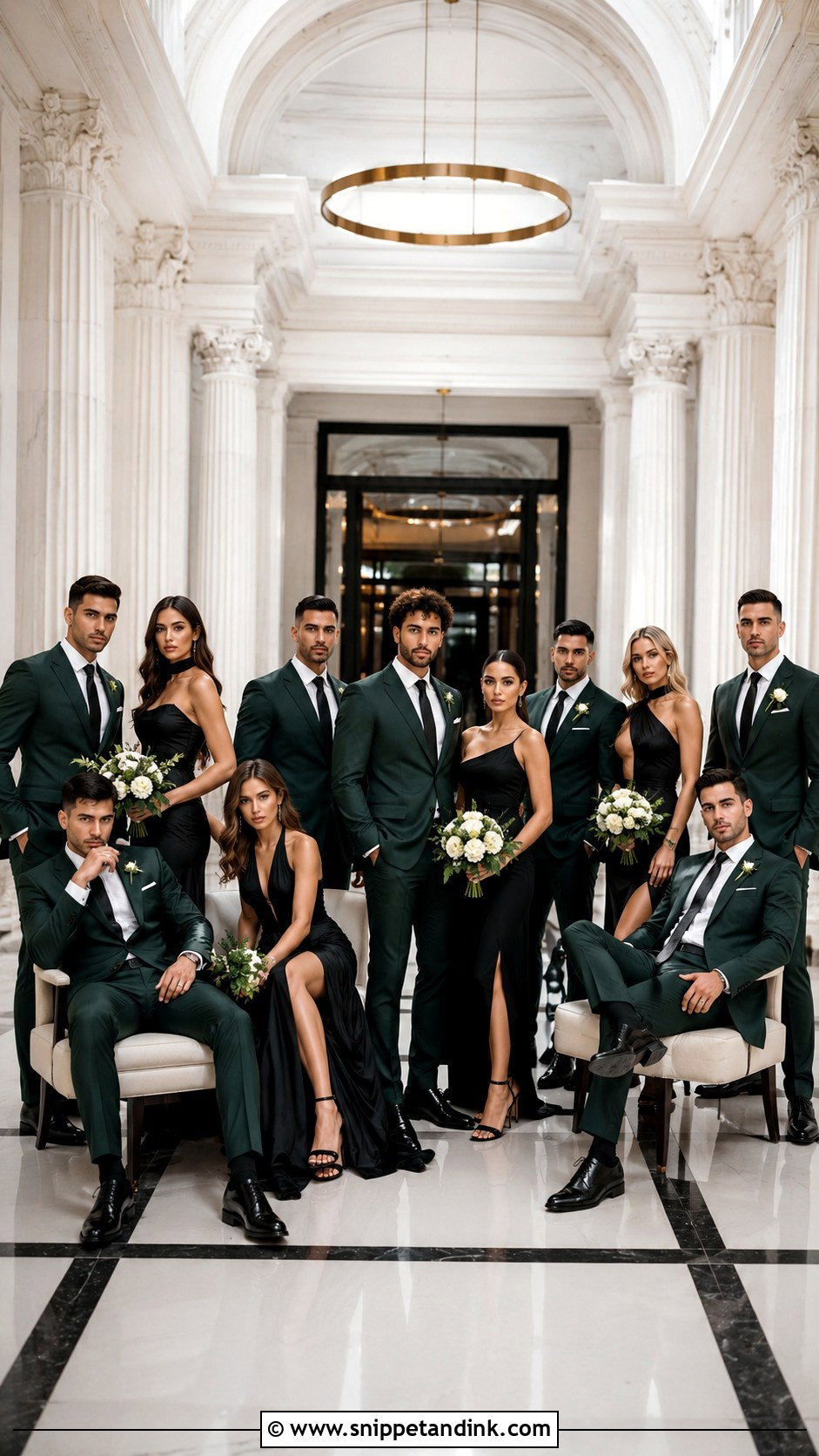 Forest Green Suits With Black Bridesmaid Dresses - Snippet and Ink - 20 Green Wedding Party Attire Ideas