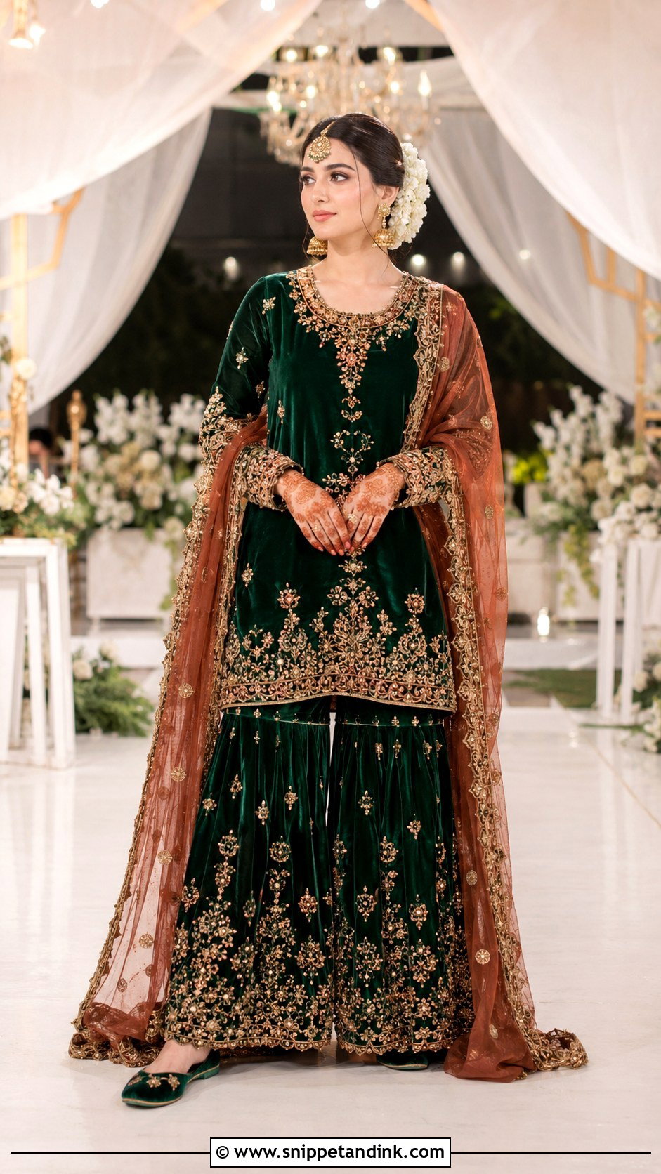 Forest Green Velvet Bridal Mehndi Gharara - Snippet and Ink - 20 Green Bridal Mehndi Outfit Ideas