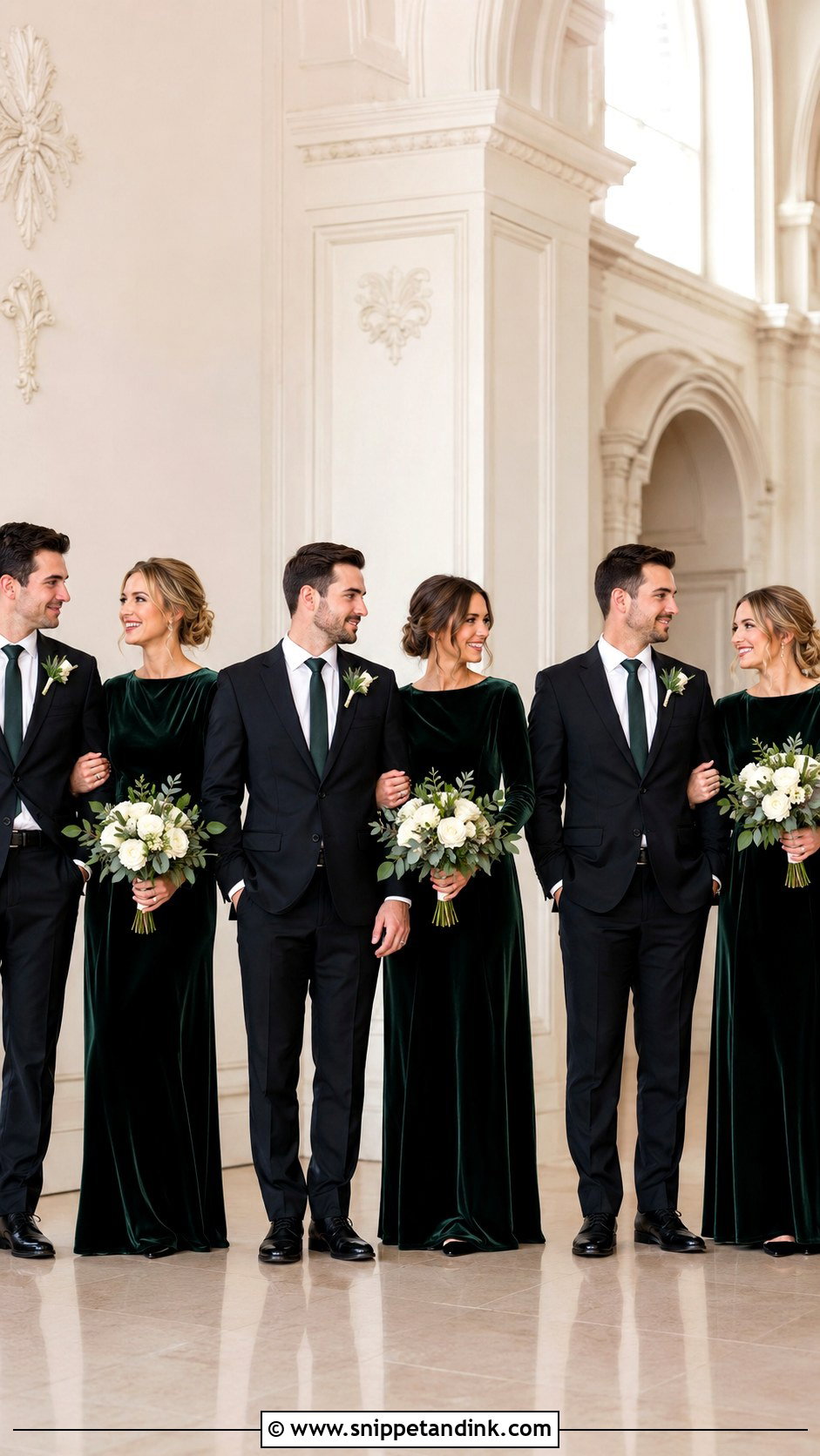 Forest Green Velvet Dresses With Black Suits - Snippet and Ink - 20 Green Wedding Party Attire Ideas