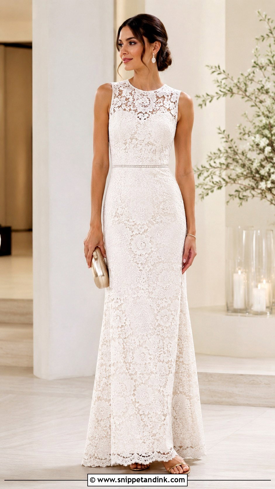 Formal Long White Lace Dress With Metallic Heels - Snippet and Ink - 20 Long White Lace Dress Ideas