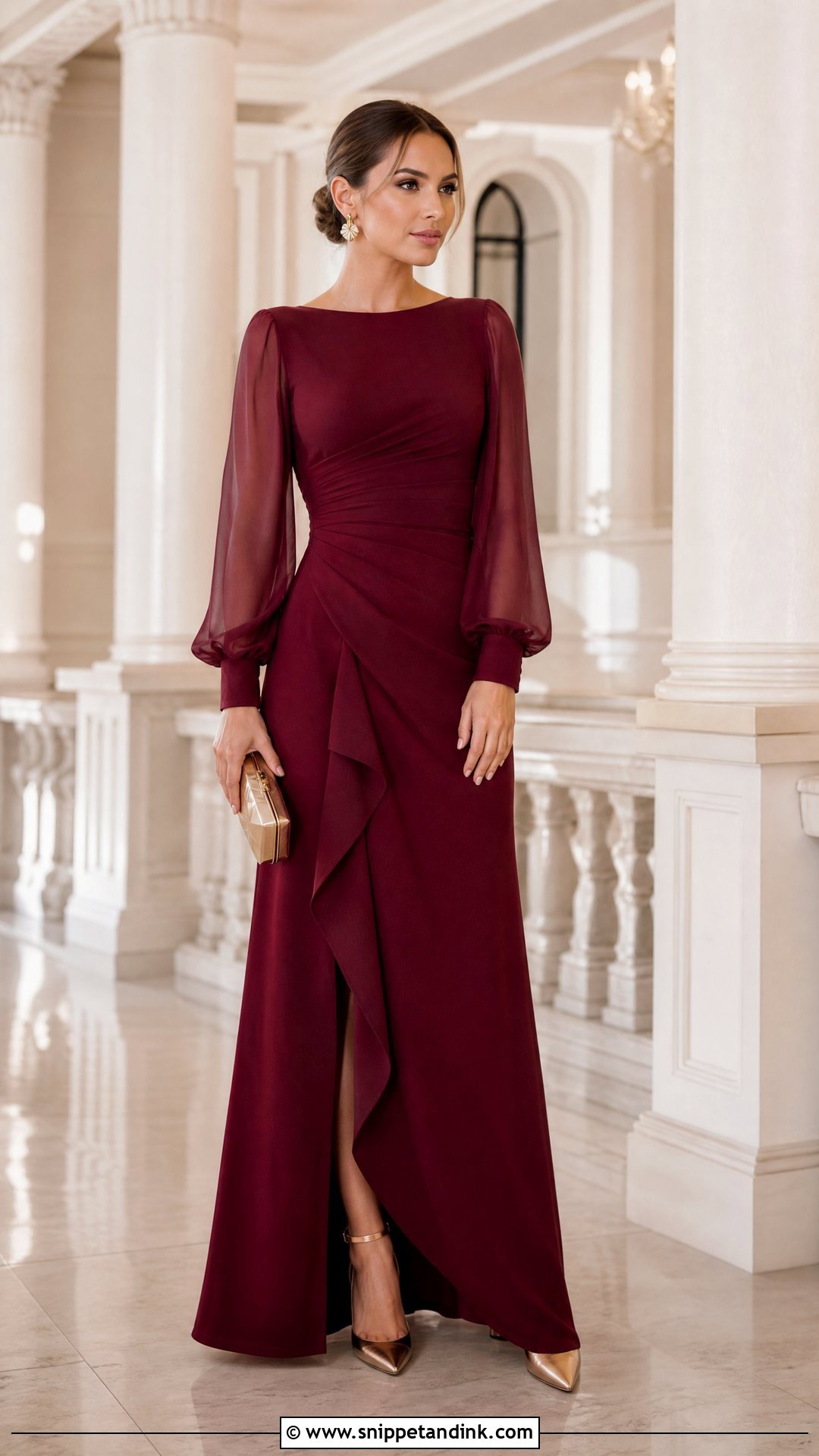 Formal Maxi Dress With Sleeves Wedding Outfit - Snippet and Ink - 20 Sister’s Wedding Outfit Ideas