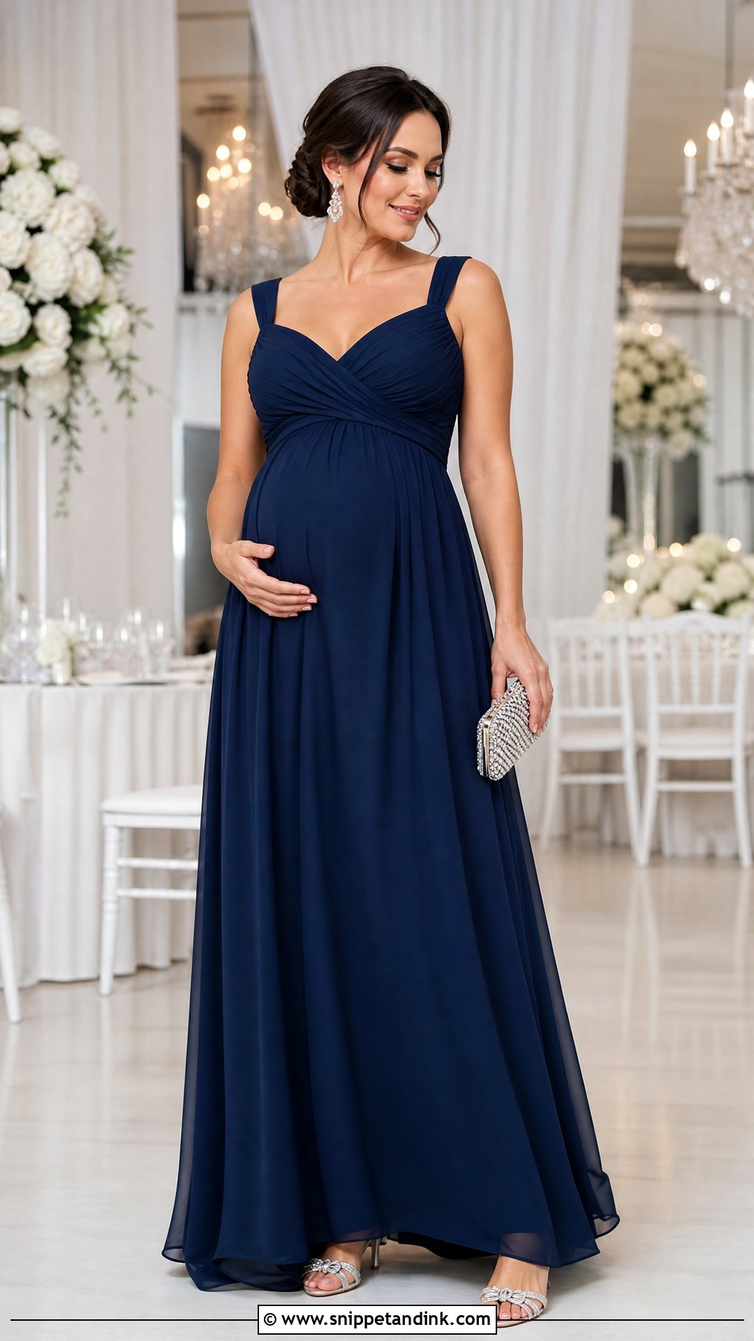 Formal Postpartum Wedding Guest Gown With Kitten Heels - Snippet and Ink - 20 Postpartum Dresses for Wedding