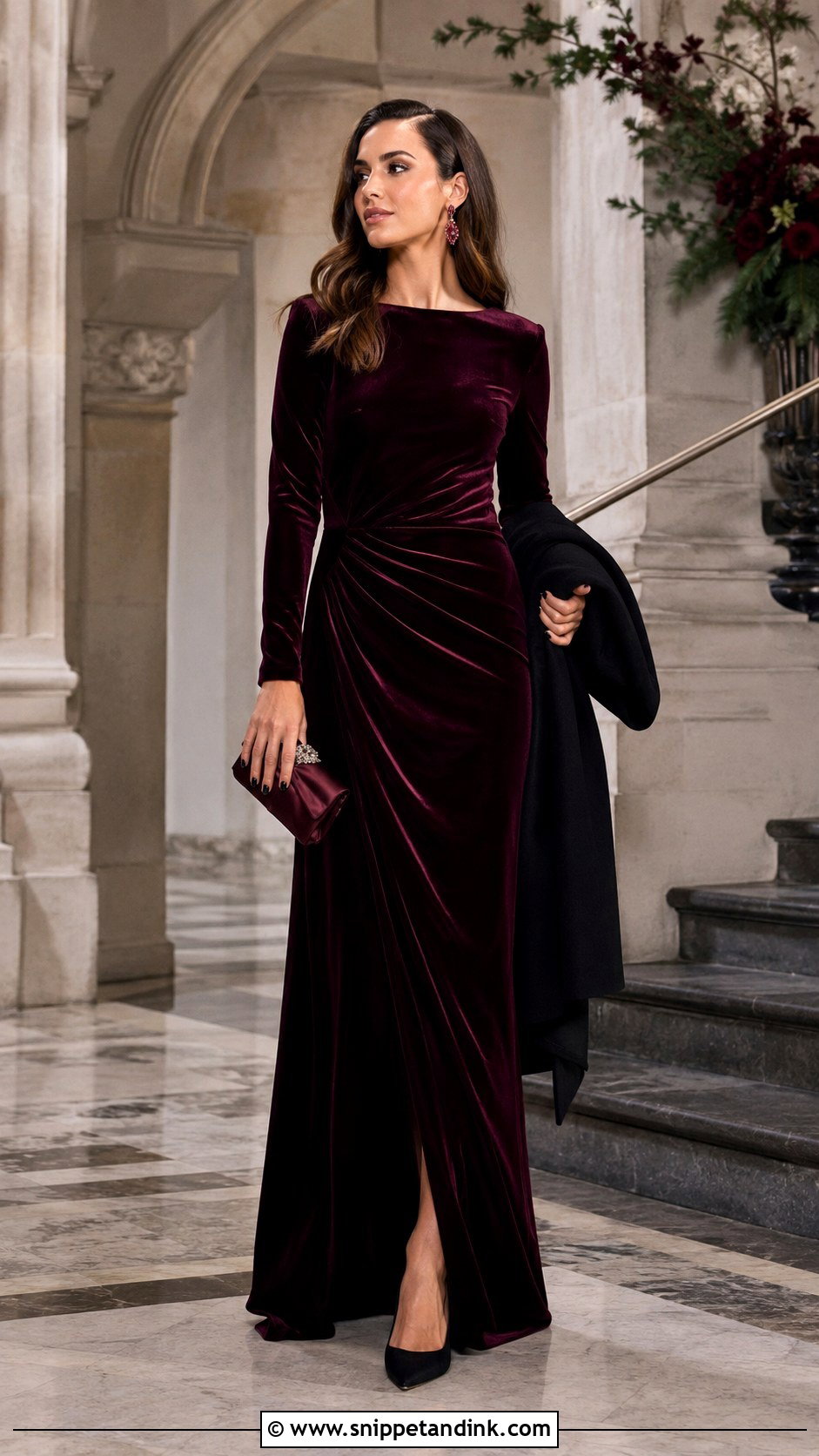 Formal Wedding Guest Burgundy Velvet Gown Outfit - Snippet and Ink - 20 Formal Outfit for Wedding Ideas