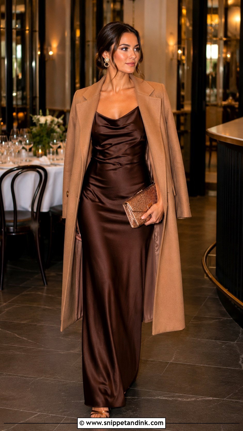 Formal Wedding Guest Chocolate Brown Satin Dress Outfit - Snippet and Ink - 20 Formal Outfit for Wedding Ideas