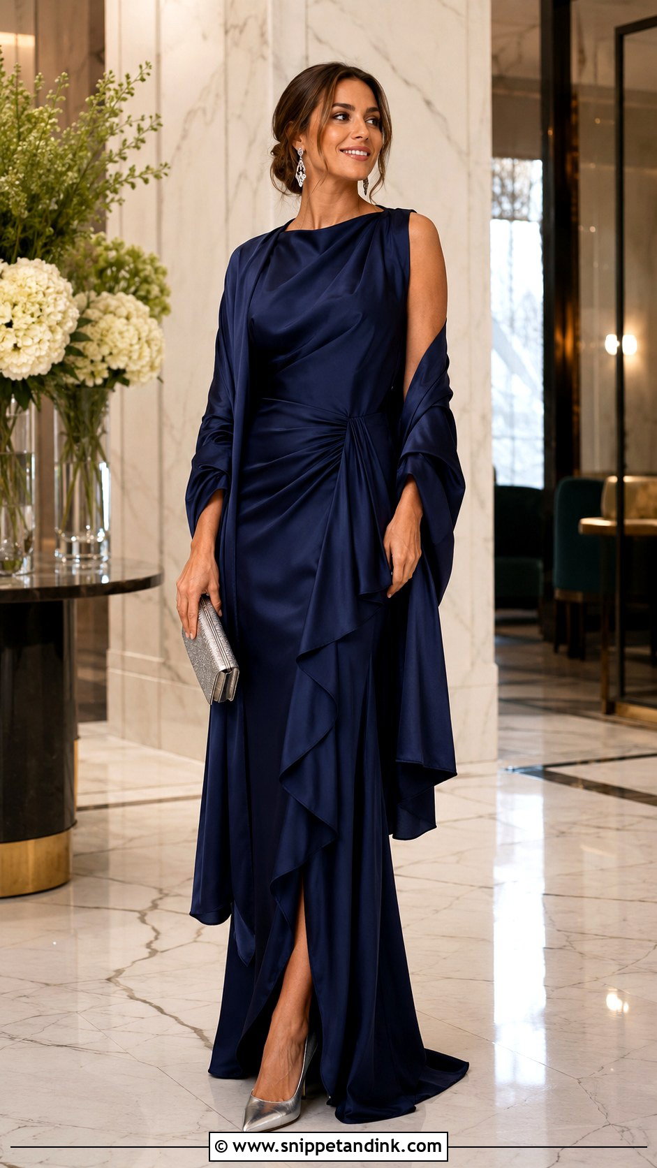 Formal Wedding Guest Navy Satin Gown Outfit - Snippet and Ink - 20 Formal Outfit for Wedding Ideas