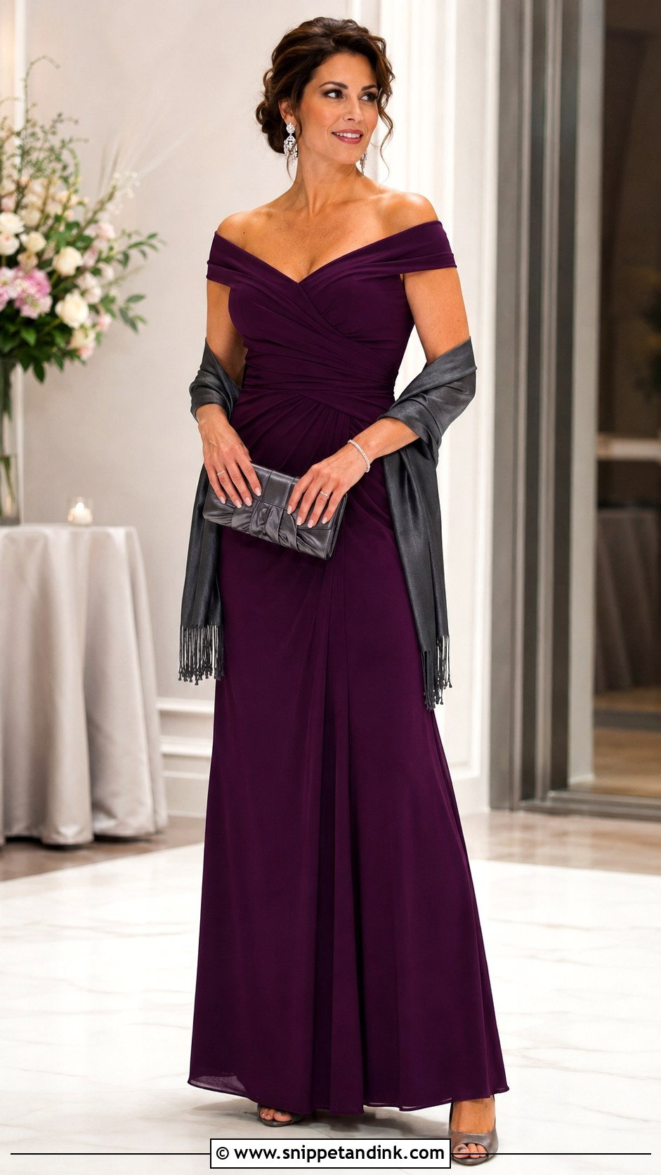 Formal Wedding Guest Plum Off Shoulder Gown Outfit - Snippet and Ink - 20 Formal Outfit for Wedding Ideas