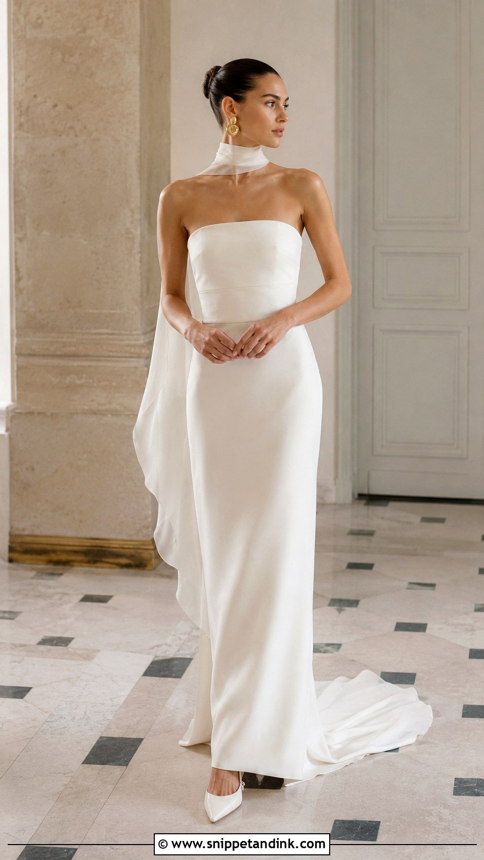 French Column Wedding Dress With Scarf - Snippet and Ink - 20 French Style Wedding Dress Ideas