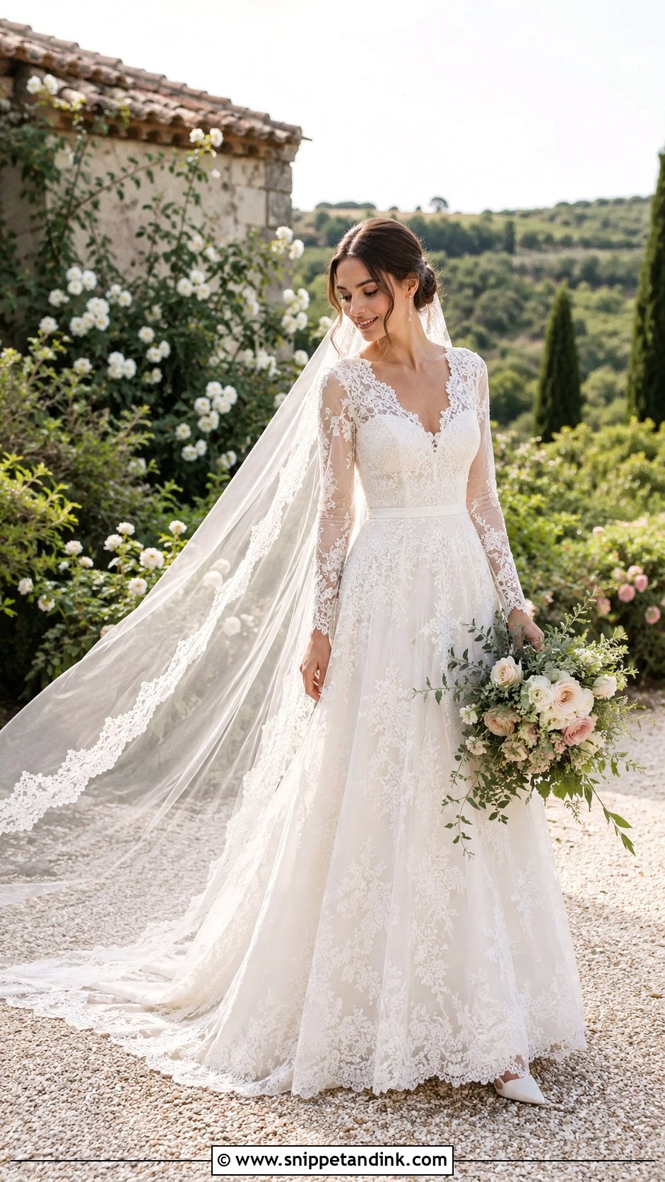 French Lace A Line Wedding Dress - Snippet and Ink - 20 Lilly Collin’s Wedding Dress Ideas
