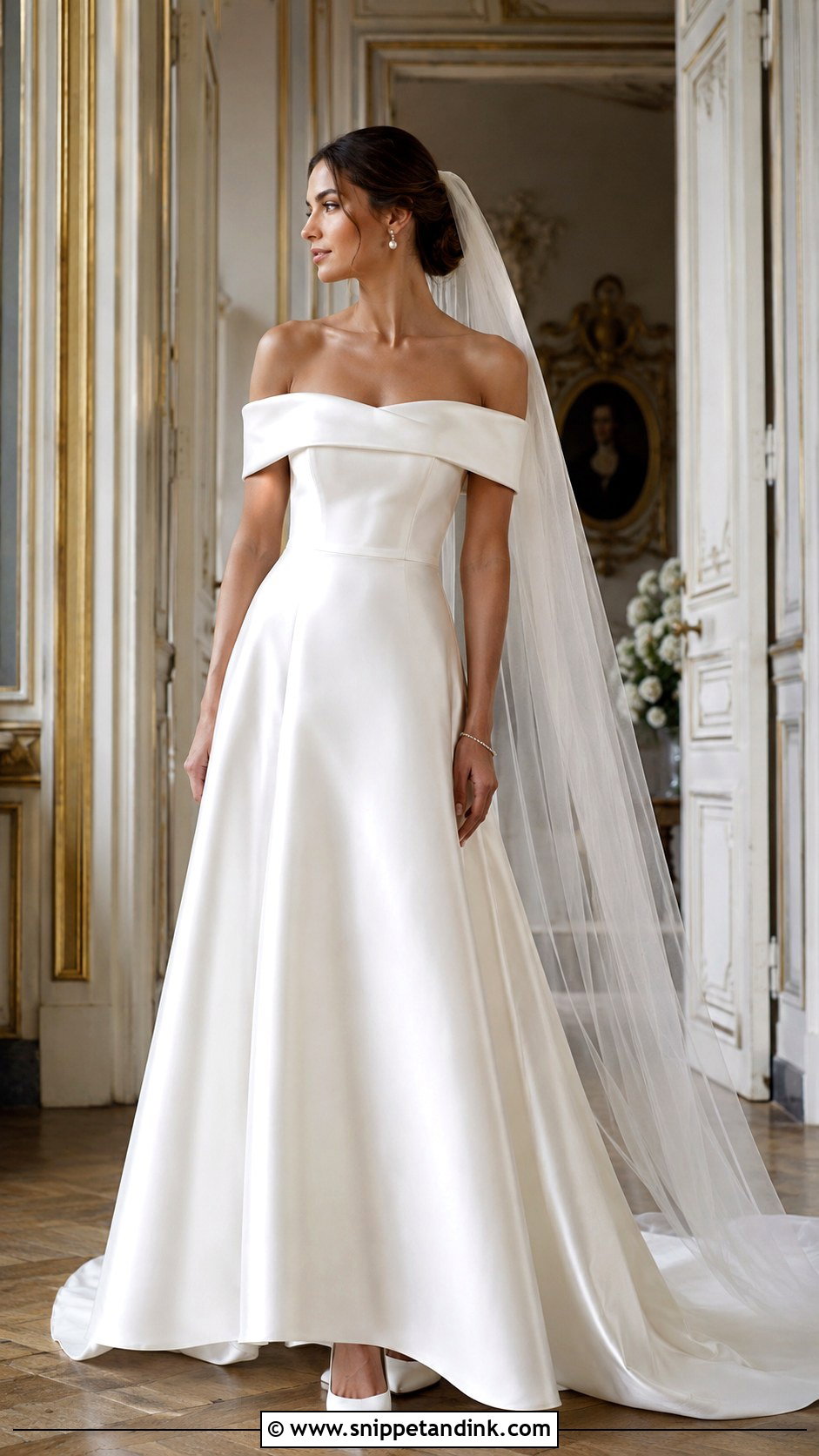 French Off Shoulder Satin Wedding Dress - Snippet and Ink - 20 French Style Wedding Dress Ideas