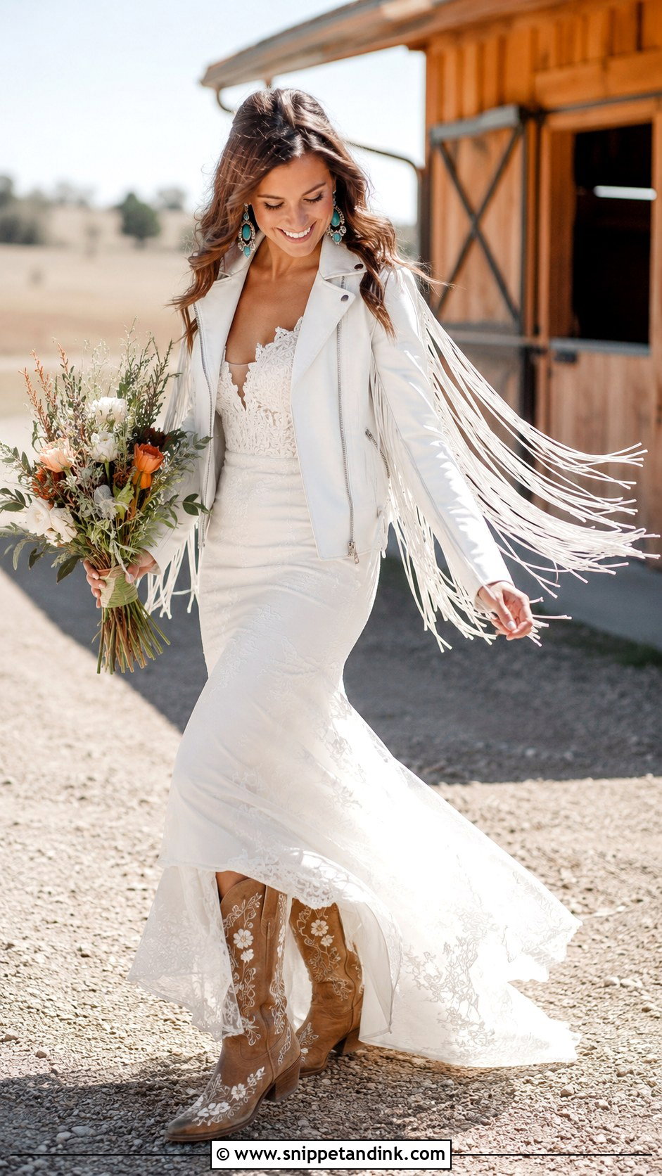 Fringe Bride Leather Jacket With Western Wedding Dress - Snippet and Ink - 20 Bride Leather Jacket Ideas