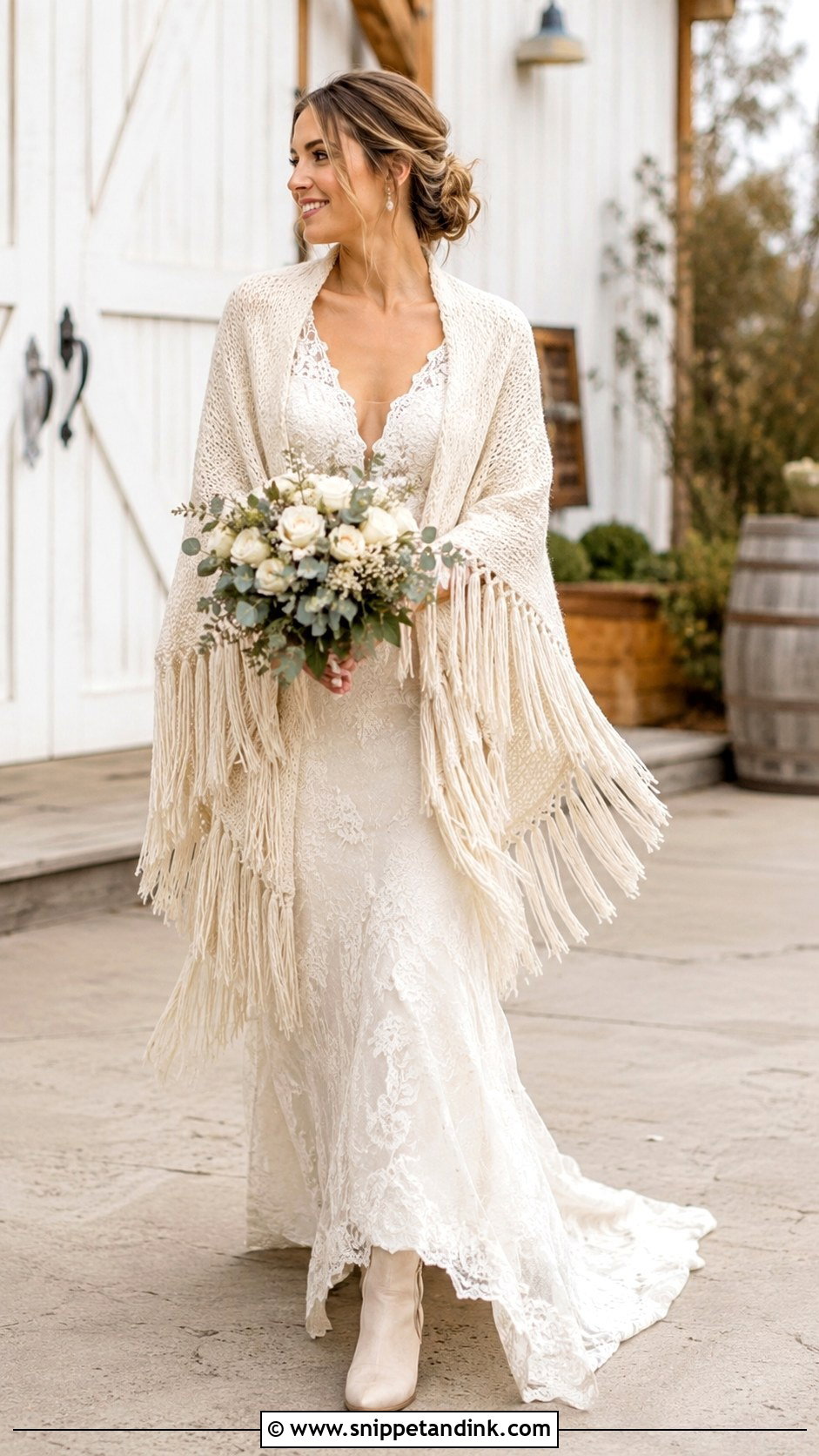Fringe Bride Shawl With Rustic Wedding Gown - Snippet and Ink - 20 Bride Shawl Ideas