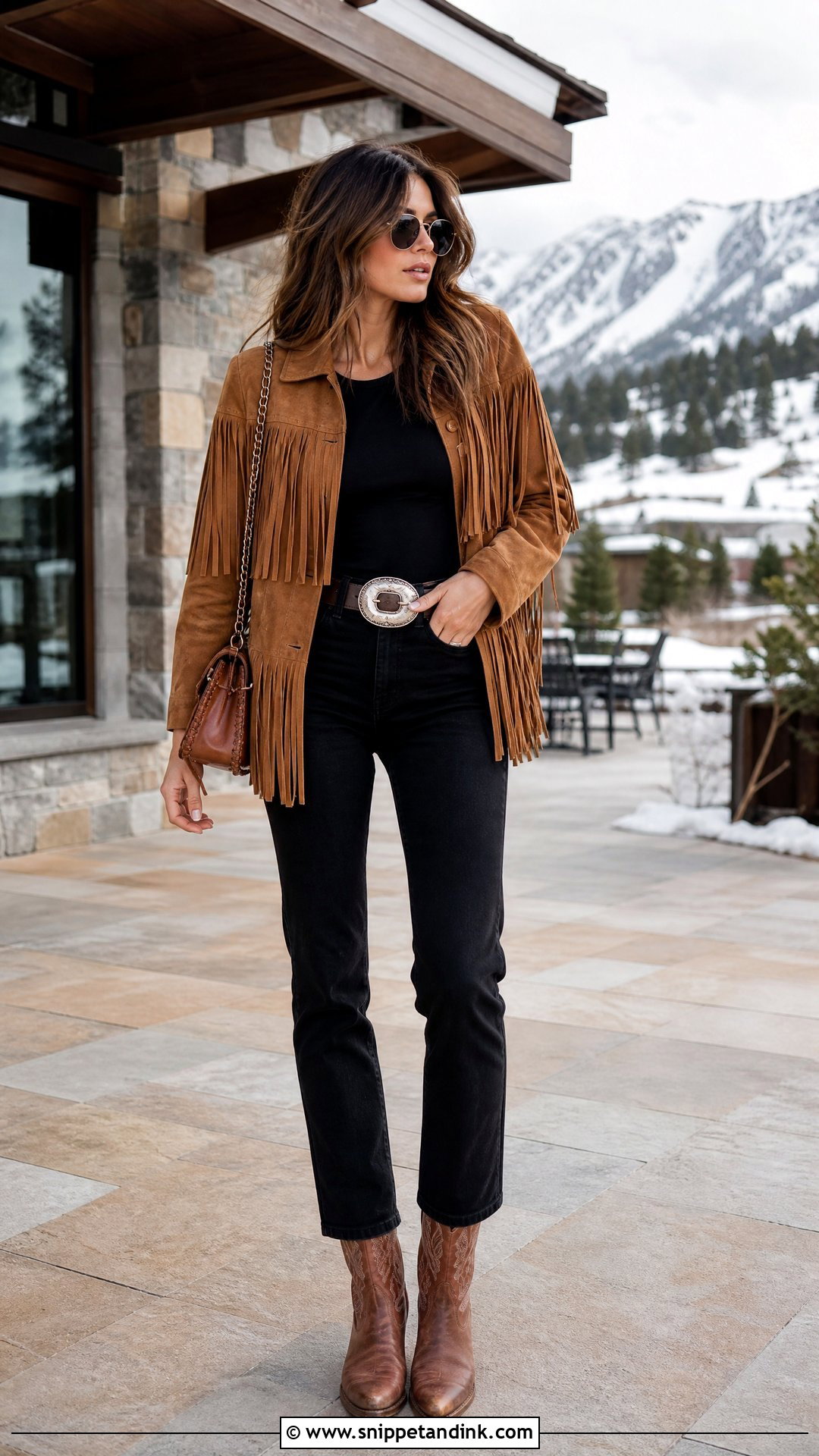 Fringe Jacket With Black Jeans - Snippet and Ink - 20 Western Welcome Party Outfit Ideas