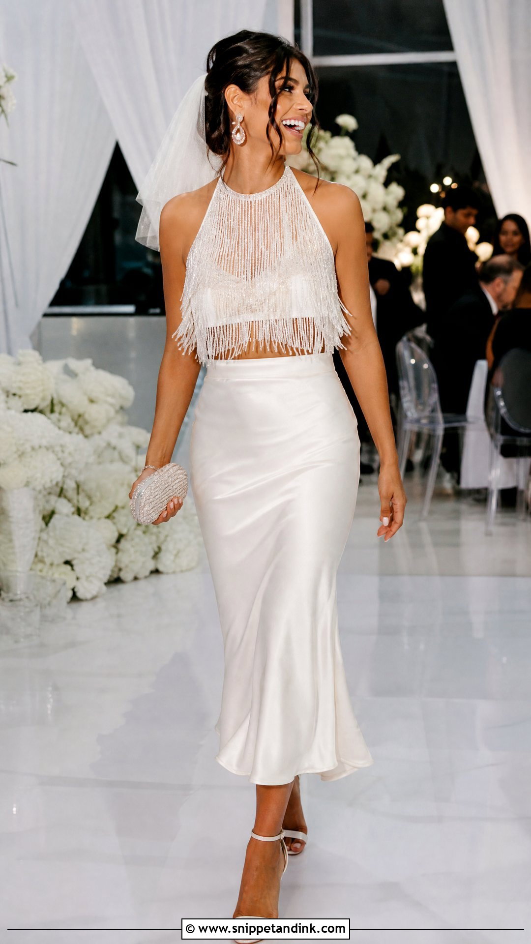 Fringe Top And Satin Midi Skirt Bridal Set - Snippet and Ink - 25 Bridal Two Piece Set Ideas