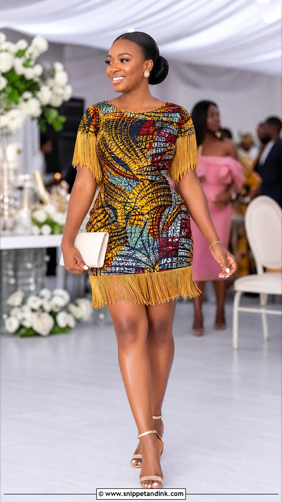 Fringe Trim Ankara Short Gown With Solid Sandals - Snippet and Ink - 20 Short Gown Ankara Styles for Wedding