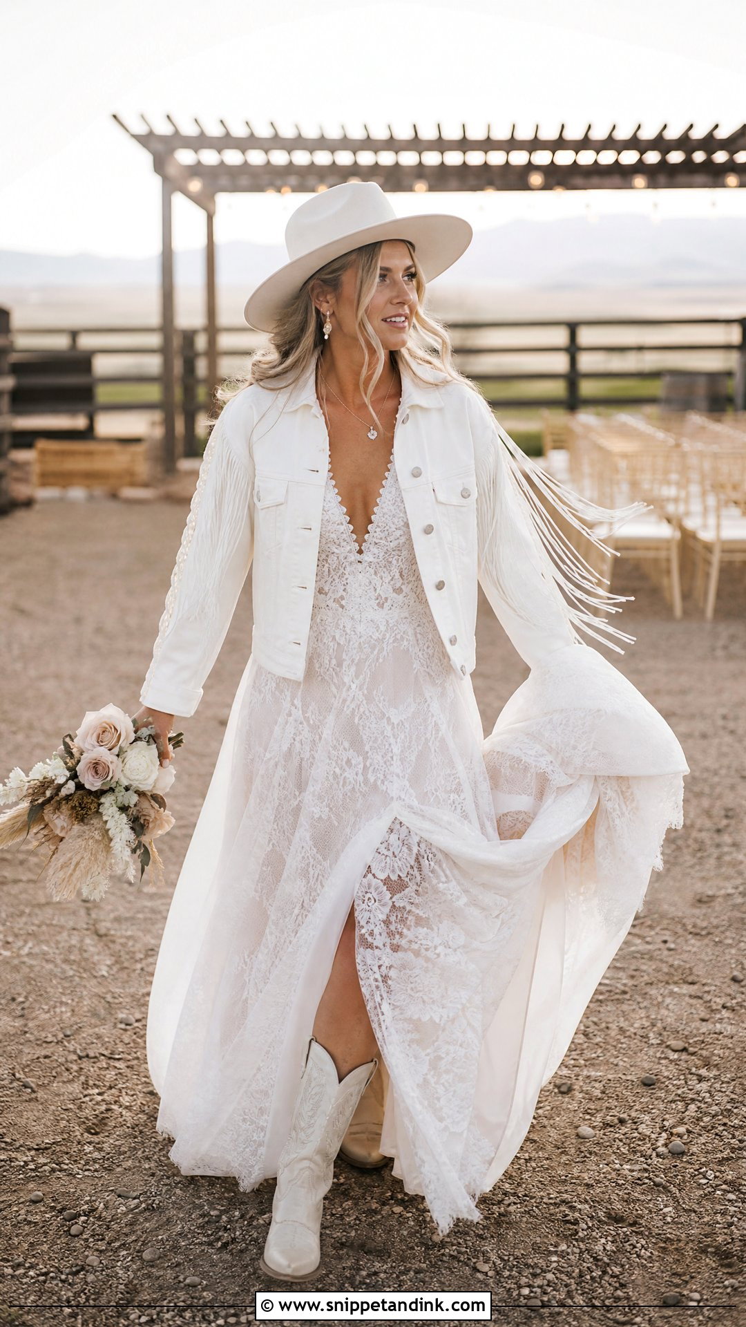 Fringe Wedding Jean Jacket With Boho Lace Dress - Snippet and Ink - 20 Wedding Jean Jacket Ideas