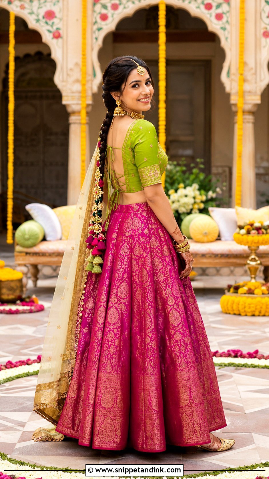 Fuchsia Banarasi Skirt For Mehendi - Snippet and Ink - 20 Mehendi Function Outfit Brides Ideas