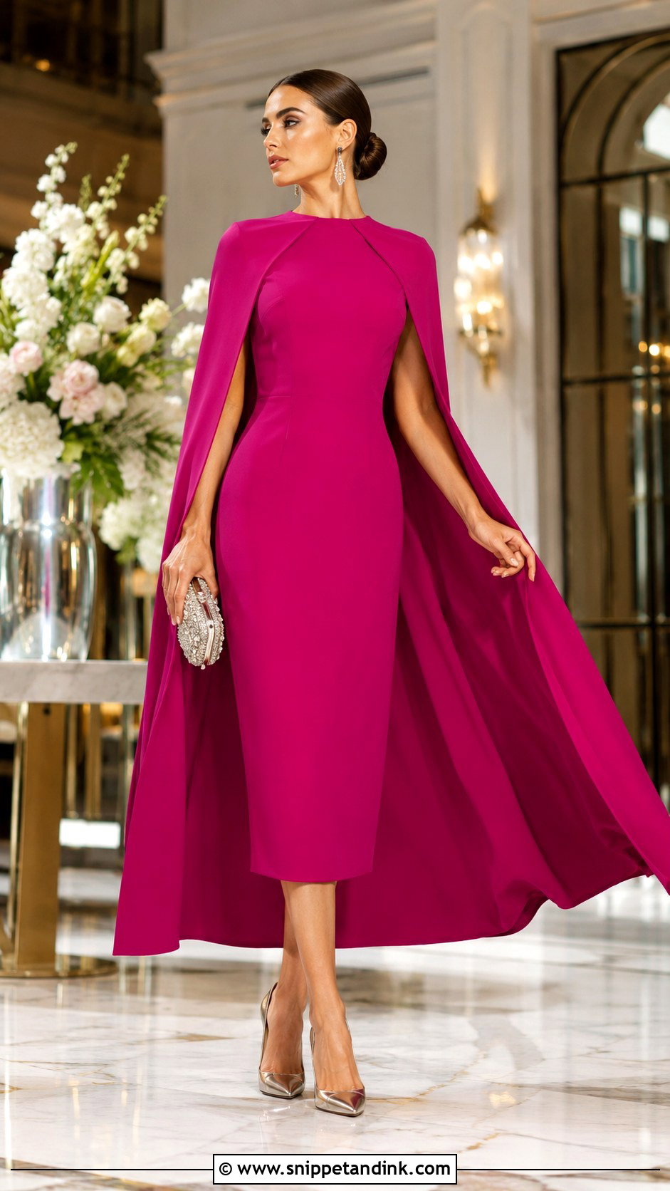 Fuchsia Cape Dress With Crystal Earrings - Snippet and Ink - 20 Fuschia Dress Outfit Wedding Ideas