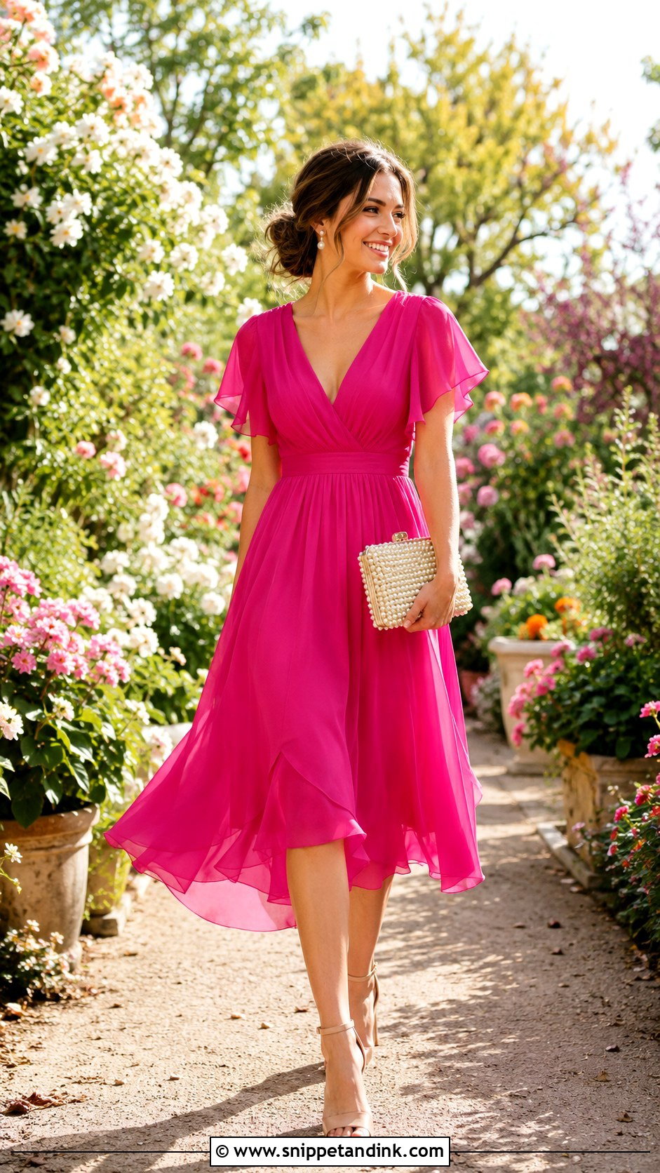 Fuchsia Chiffon Dress With Pearl Accessories - Snippet and Ink - 20 Fuschia Dress Outfit Wedding Ideas