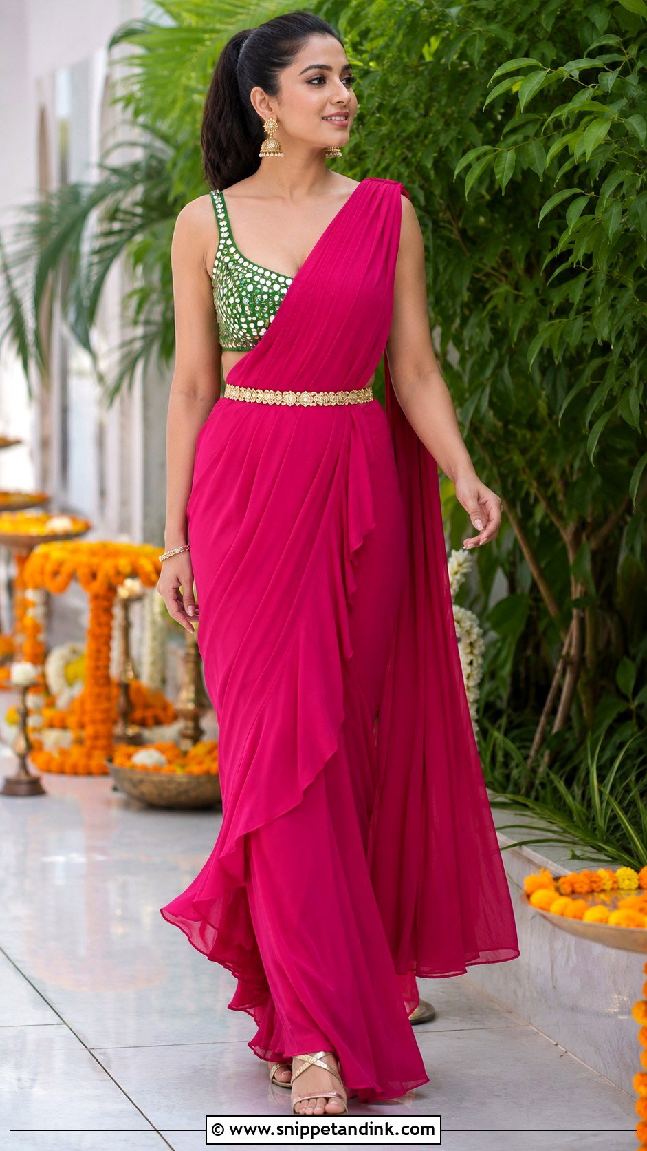 Fuchsia Draped Saree Mehendi Outfit - Snippet and Ink - 20 Indian Wedding Mehendi Outfits