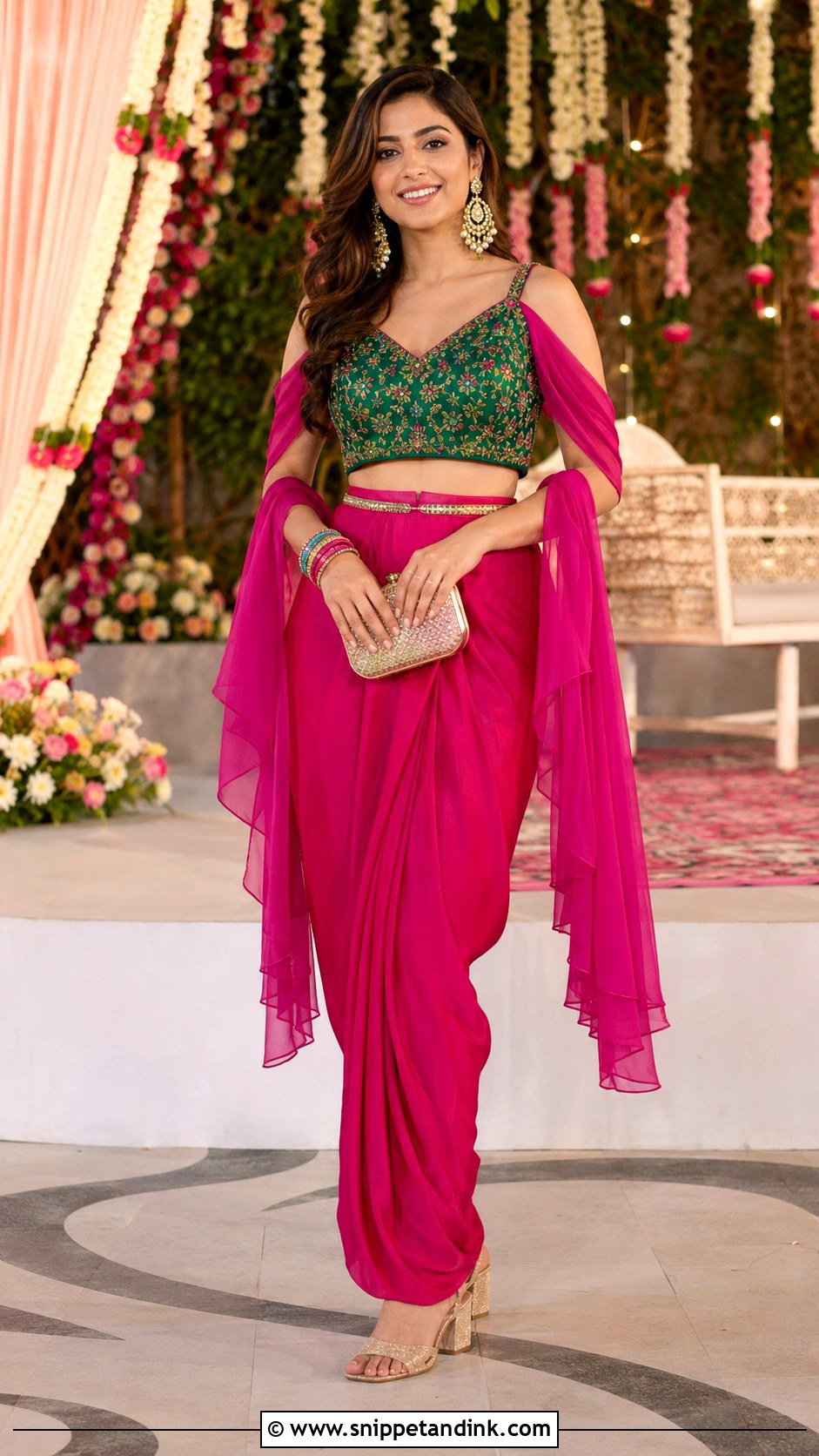 Fuchsia Draped Skirt Mehendi Outfit - Snippet and Ink - 20 Mehendi Ceremony Outfit Ideas