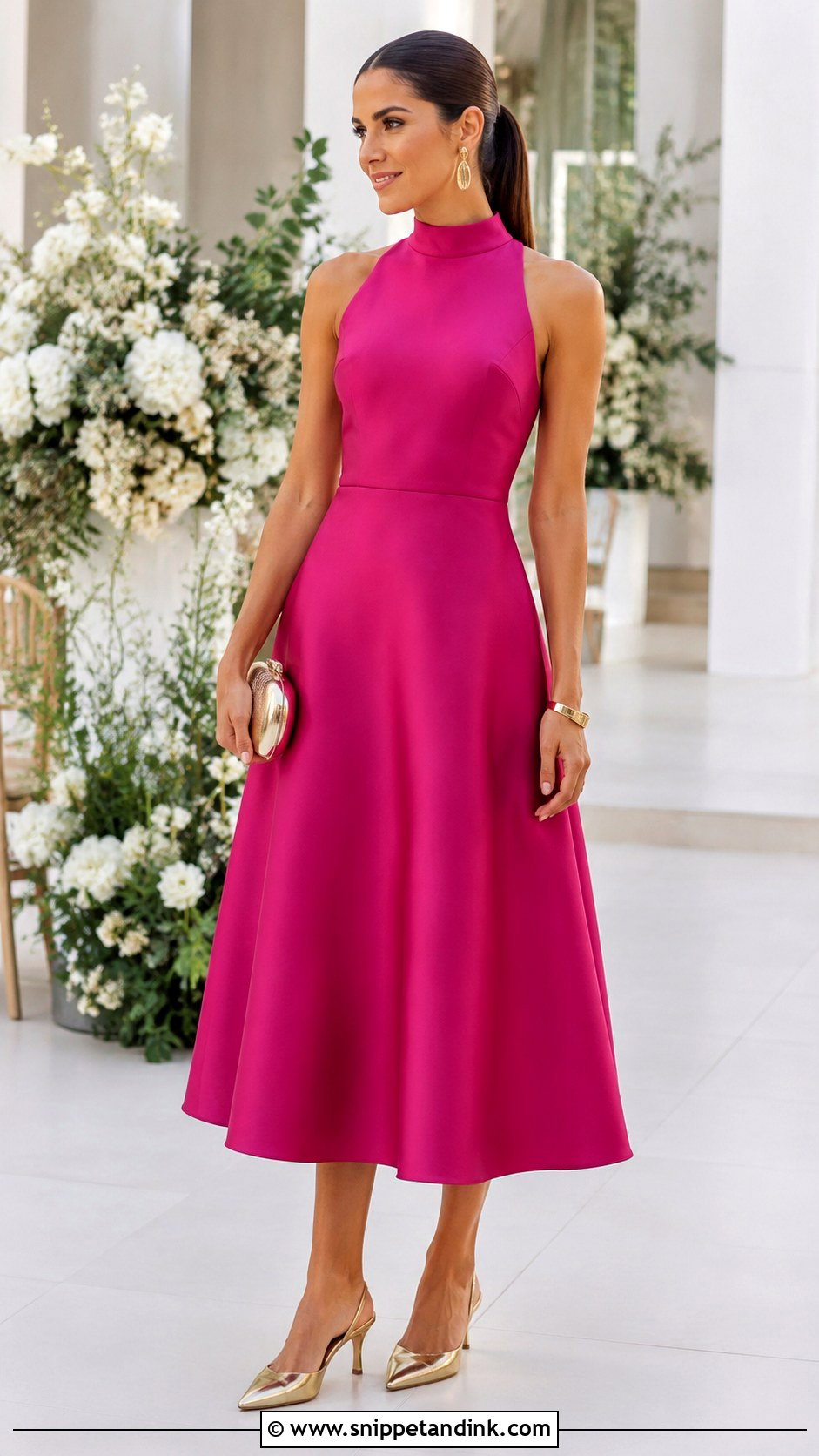 Fuchsia High Neck Dress With Gold Slingbacks - Snippet and Ink - 20 Fuschia Dress Outfit Wedding Ideas