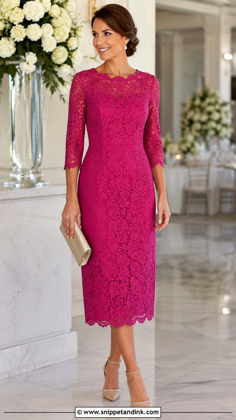 Fuchsia Lace Dress With Pearl Heels - Snippet and Ink - 20 Fuschia Dress Outfit Wedding Ideas