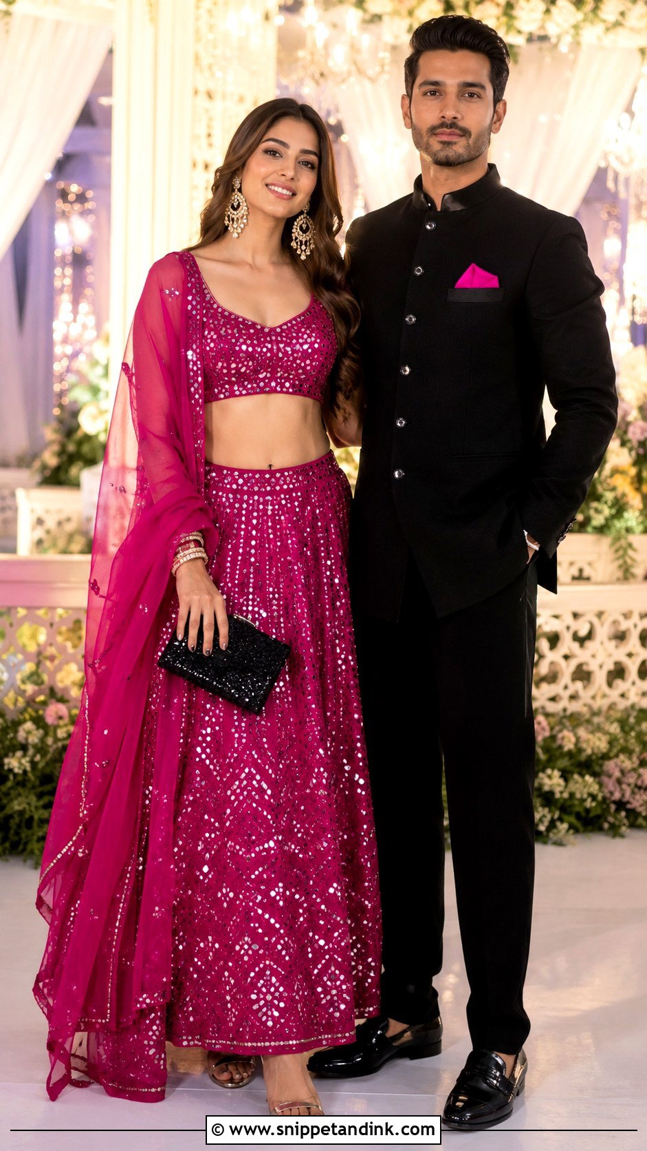 Fuchsia Lehenga And Black Bandhgala Indian Wedding Outfit - Snippet and Ink - 20 Indian Wedding Matching Outfits