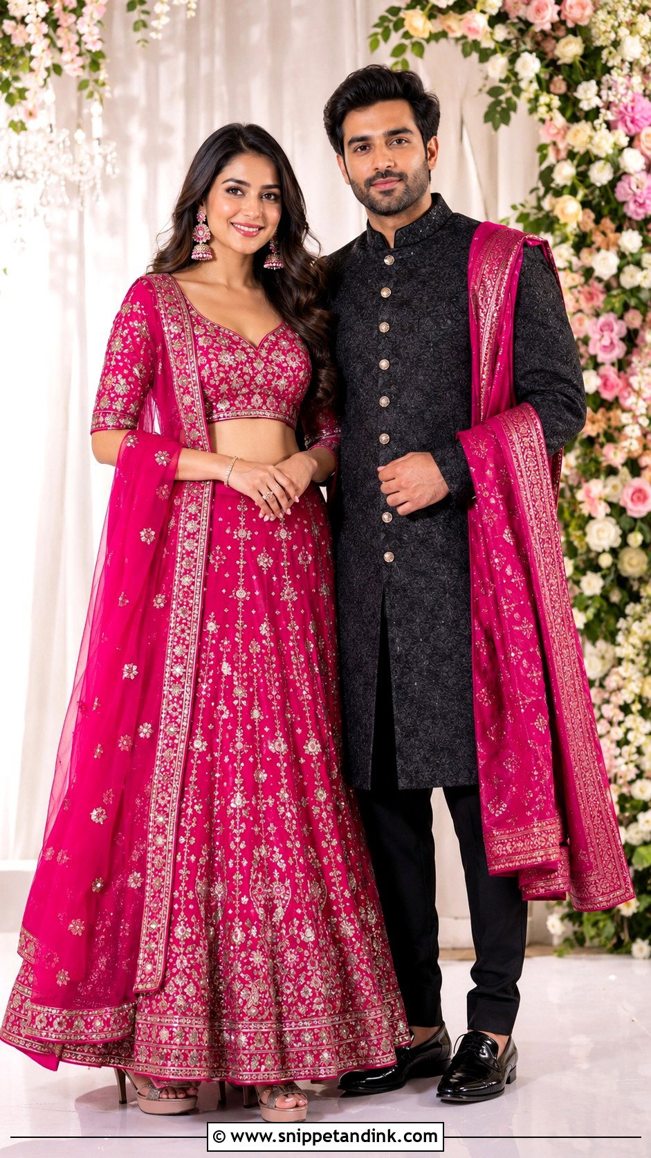Fuchsia Lehenga And Charcoal Sherwani Wedding Outfit - Snippet and Ink - 25 Couple Contrast Outfits for Wedding