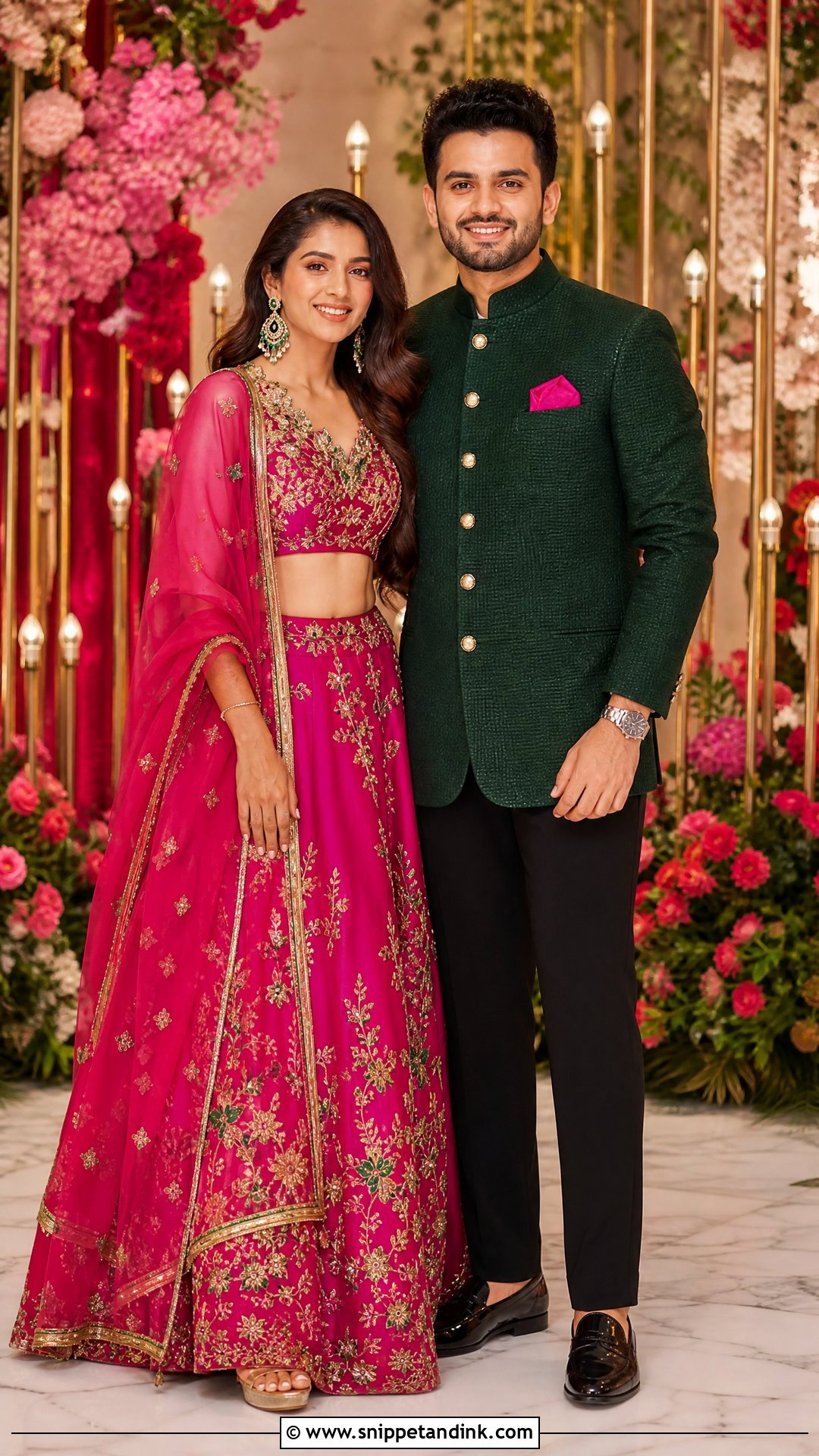 Fuchsia Lehenga And Green Bandhgala Sangeet Couple Outfit - Snippet and Ink - 25 Sangeet Couple Outfits