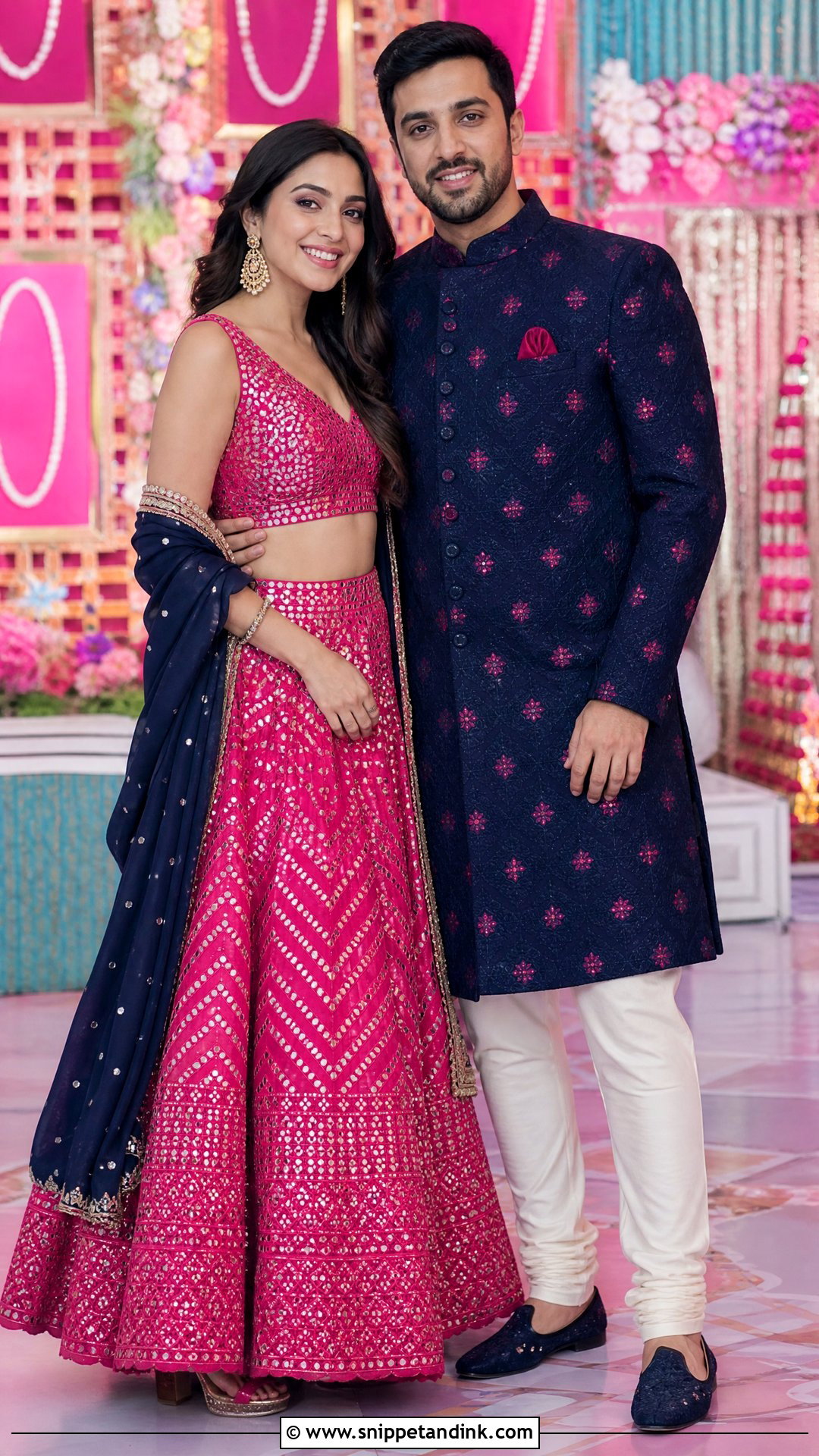 Fuchsia Lehenga And Navy Sherwani Sangeet Couple Outfit - Snippet and Ink - 20 Sangeet Outfit for Couple Ideas