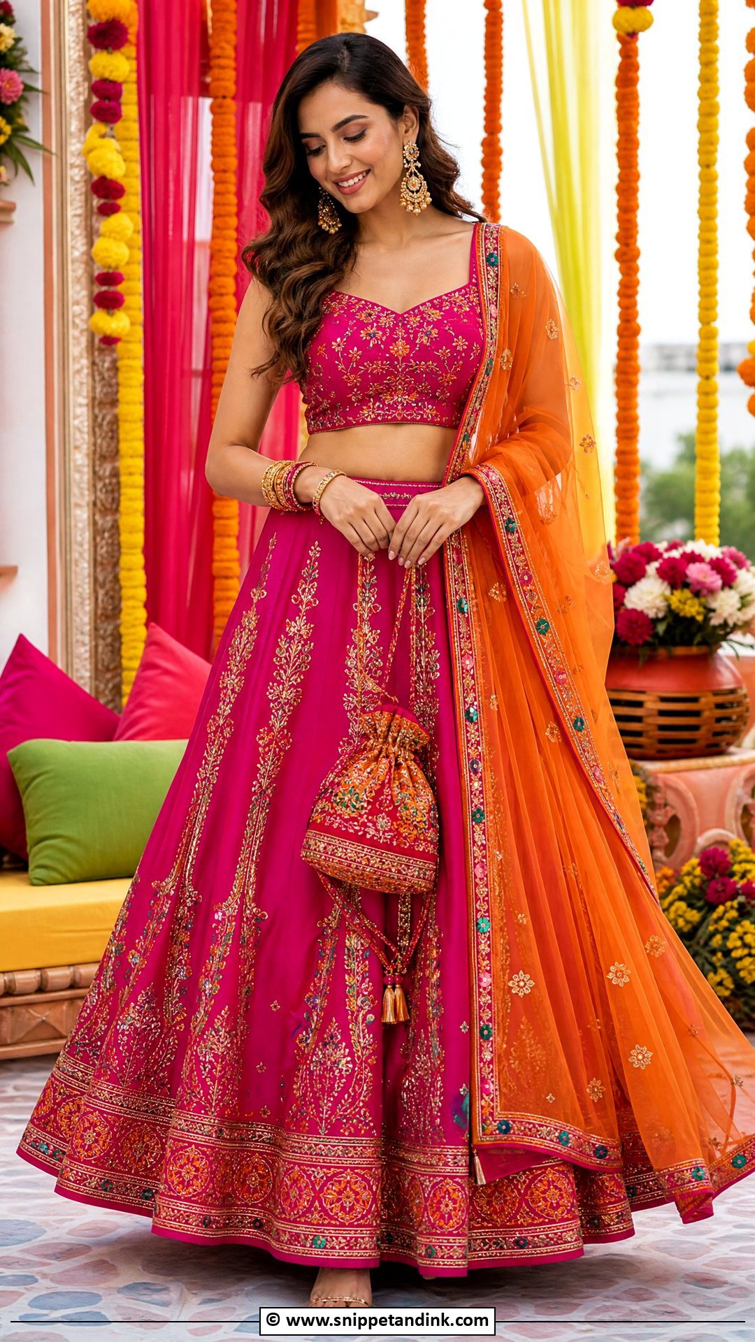 Fuchsia Lehenga With Orange Dupatta - Snippet and Ink - 35 Mehndi Dress Ideas